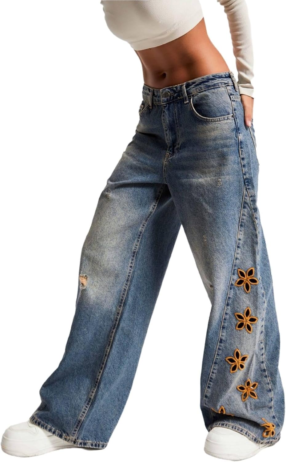 Women's Jeans Y2K High Waist Straight Wide Leg Pants Denim Floral Embroidery Casual Fall Fashion 2025