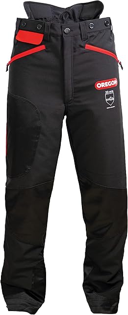 Oregon Waipoua Chainsaw Protective Safety Trousers, Type A Class 1 Chainsaw Protection, Adjustable Lightweight Breathable Re-enforced Clothing, Size M/EU 46-48 - Black/Red (295466/M)