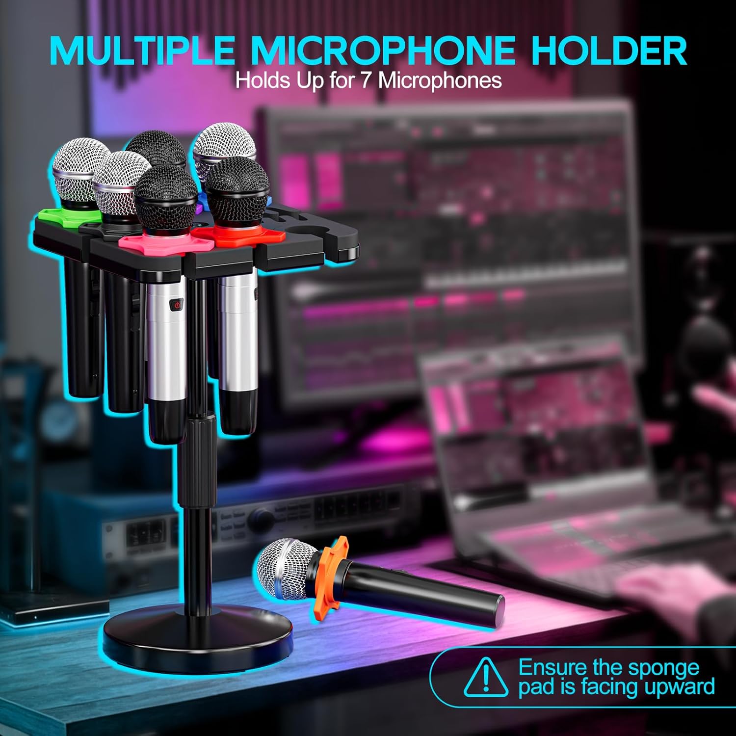 Multi Microphone Holder with Desktop Mic Stand, Square Tray with Cable Slots Holds Up to 7 Mics, Wired and Wireless Mic Holder for Stage Organizer and Display-7 Anti-roll Rings Included