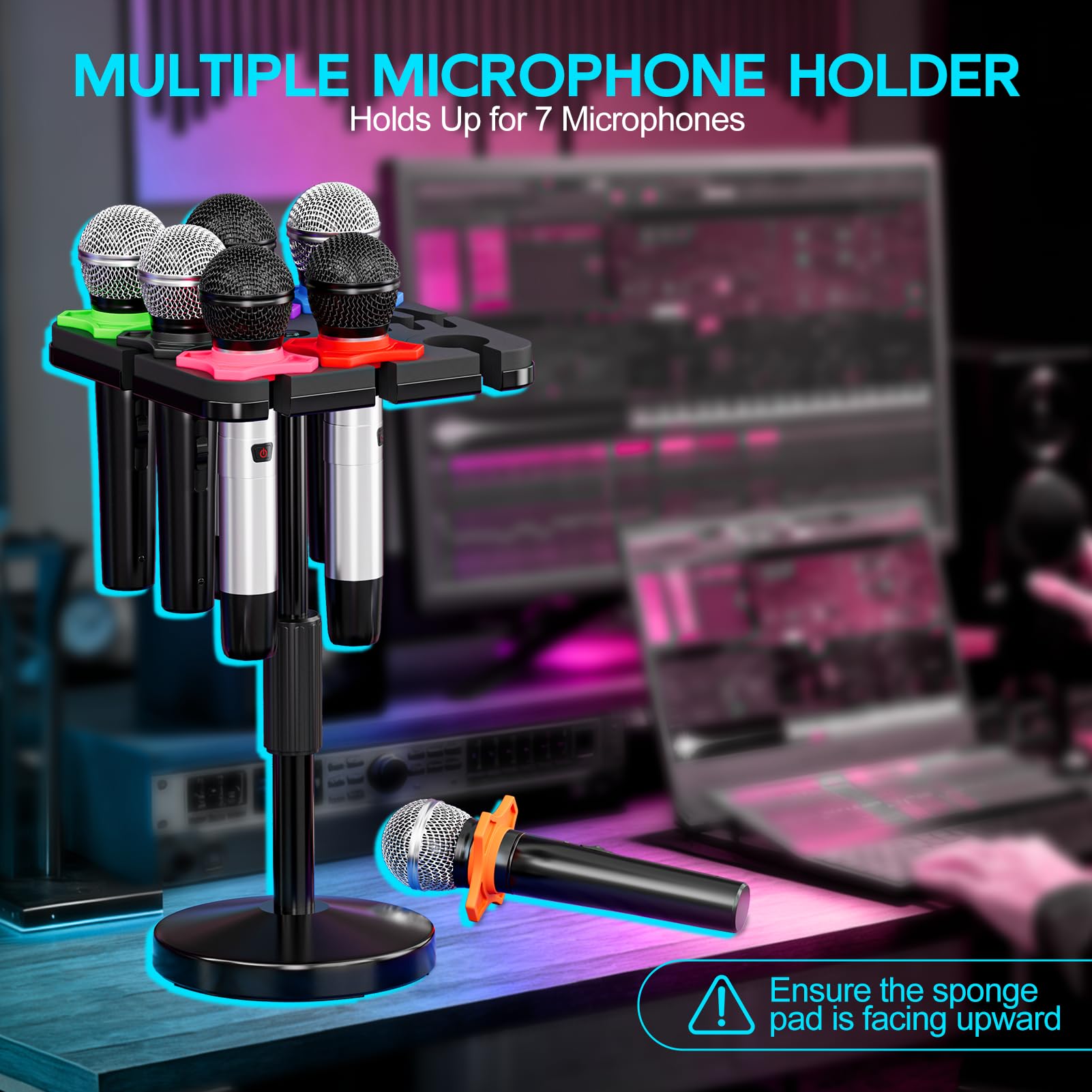 Multi-Mikrofonhalter mit Desktop-Mikrofonständer, quadratische Ablage mit Kabelschlitzen für bis zu 7 Mikrofone, kabelgebundener und kabelloser Mikrofonhalter für Bühnen-Organizer und Display