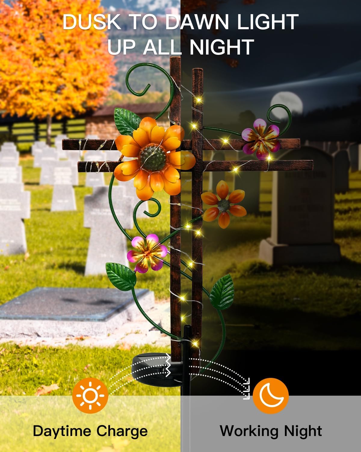 Putuo Decor Cross Outdoor Solar Garden Lights Decorative Metal Cross Garden Stake Light with LED Lights Waterproof for Yard Garden Pathway Remembrance Gifts, L087SN-0004383