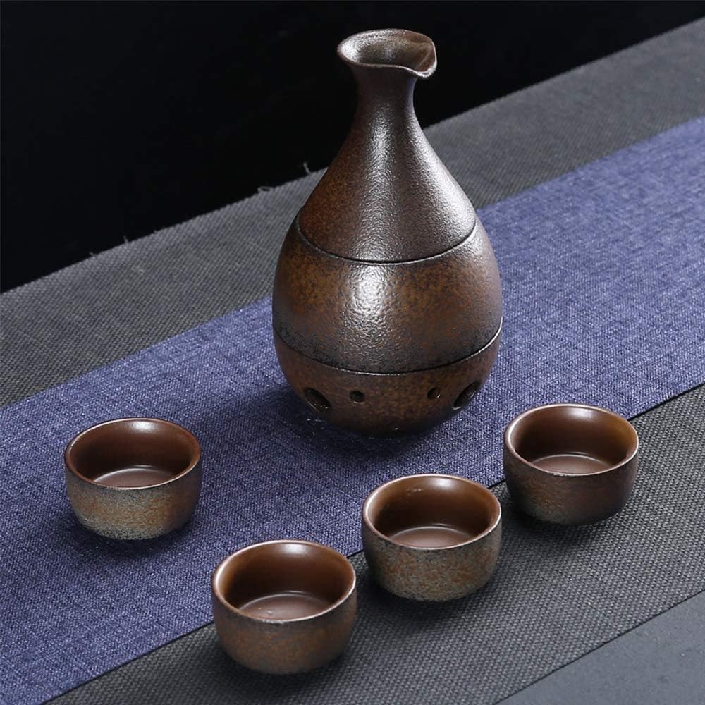 7 Piece Japanese Sake Set Wine Glasses Set with Warmer Pot and Heating Furnace Rust Color Design for Cold/Warm/Shochu/Tea Best Gift for Family and Friends
