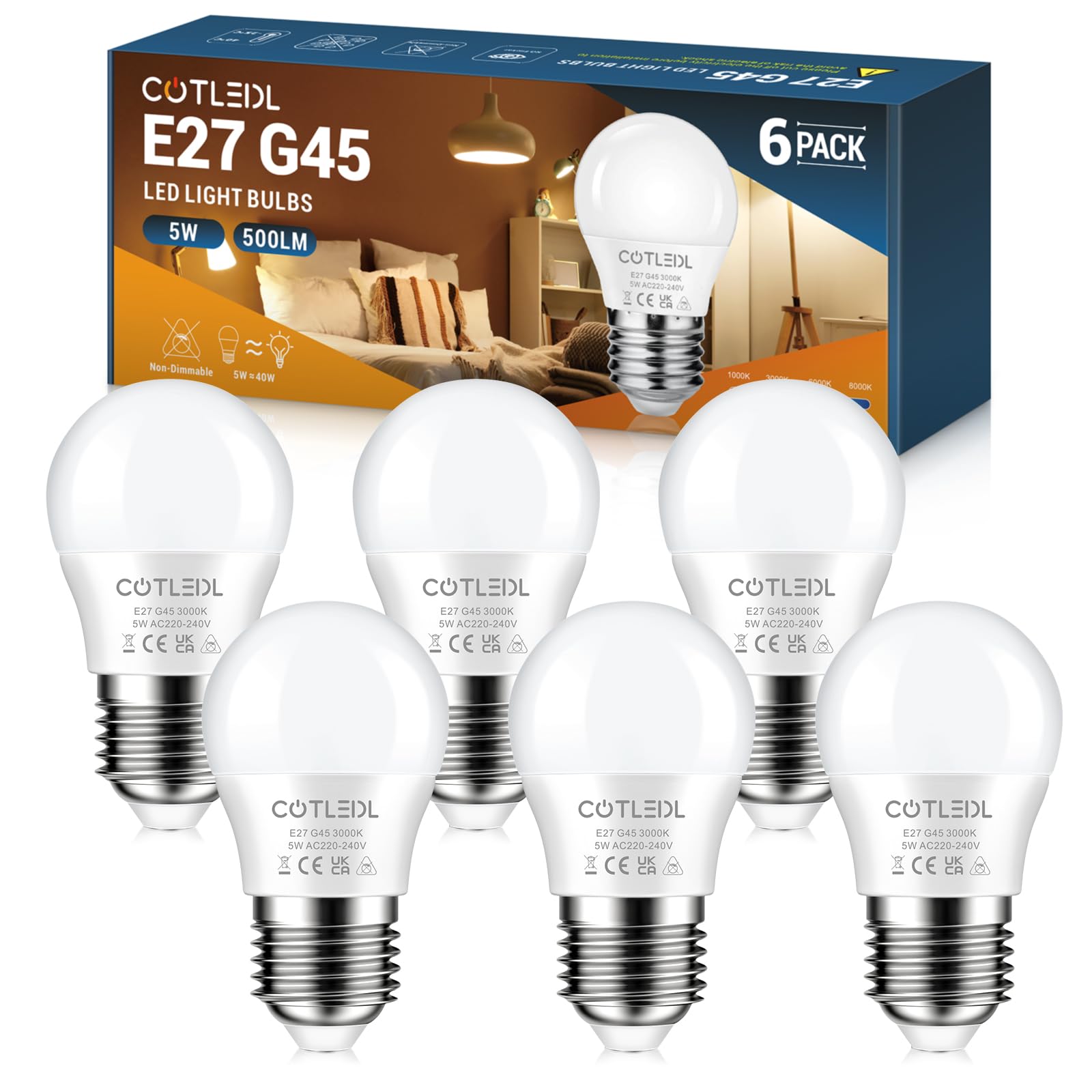 COTLEDL E27 Screw Bulbs, Warm White 3000K, 5W(40W Equivalent), 6 Pack