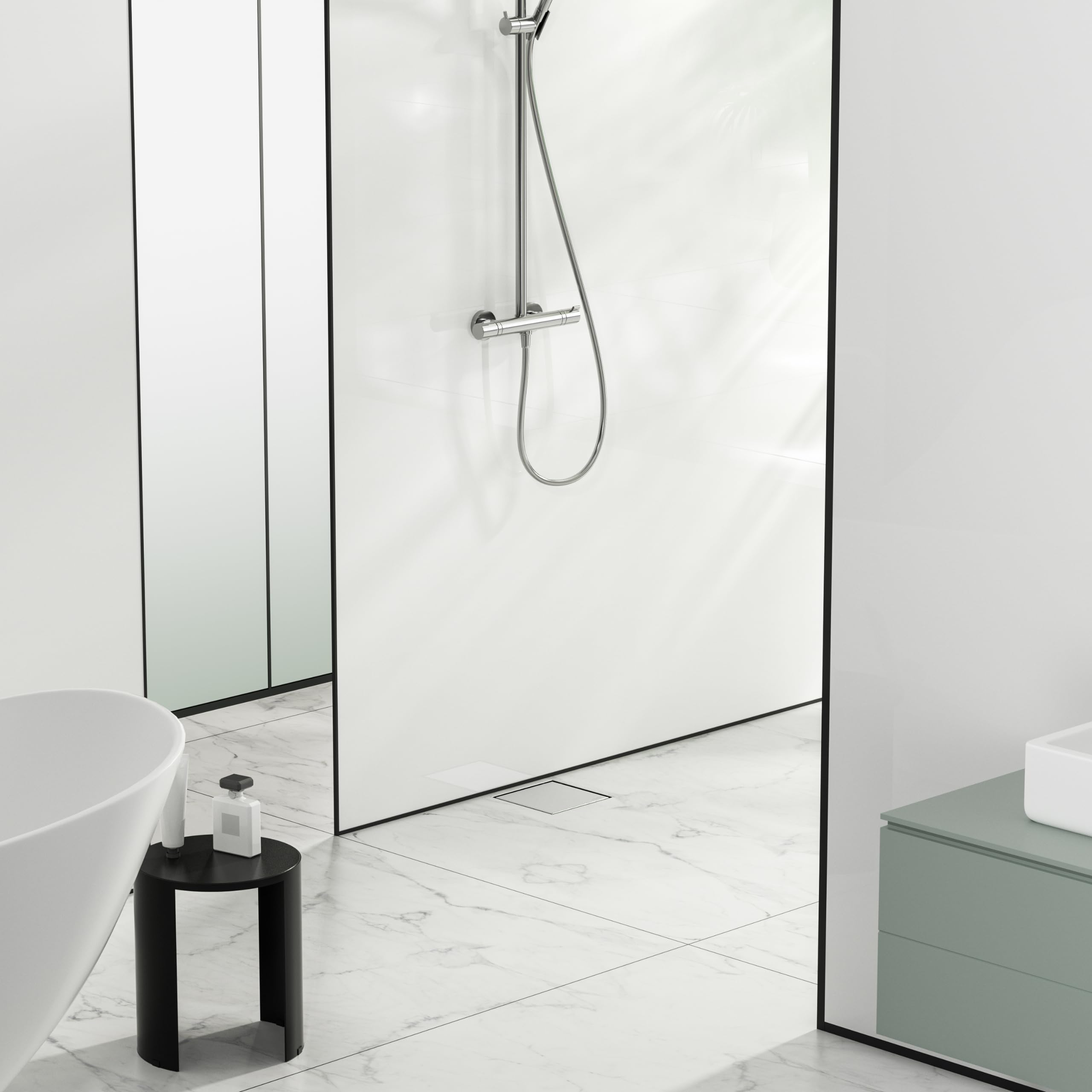 Caniveau de Douche Carré 20x20 cm INOX - Caniveau d'Évacuation Complet pour Salle de Bain - Extra Plat - Chromé des Deux Côtés - Caniveau de Douche W-Drain 2en1