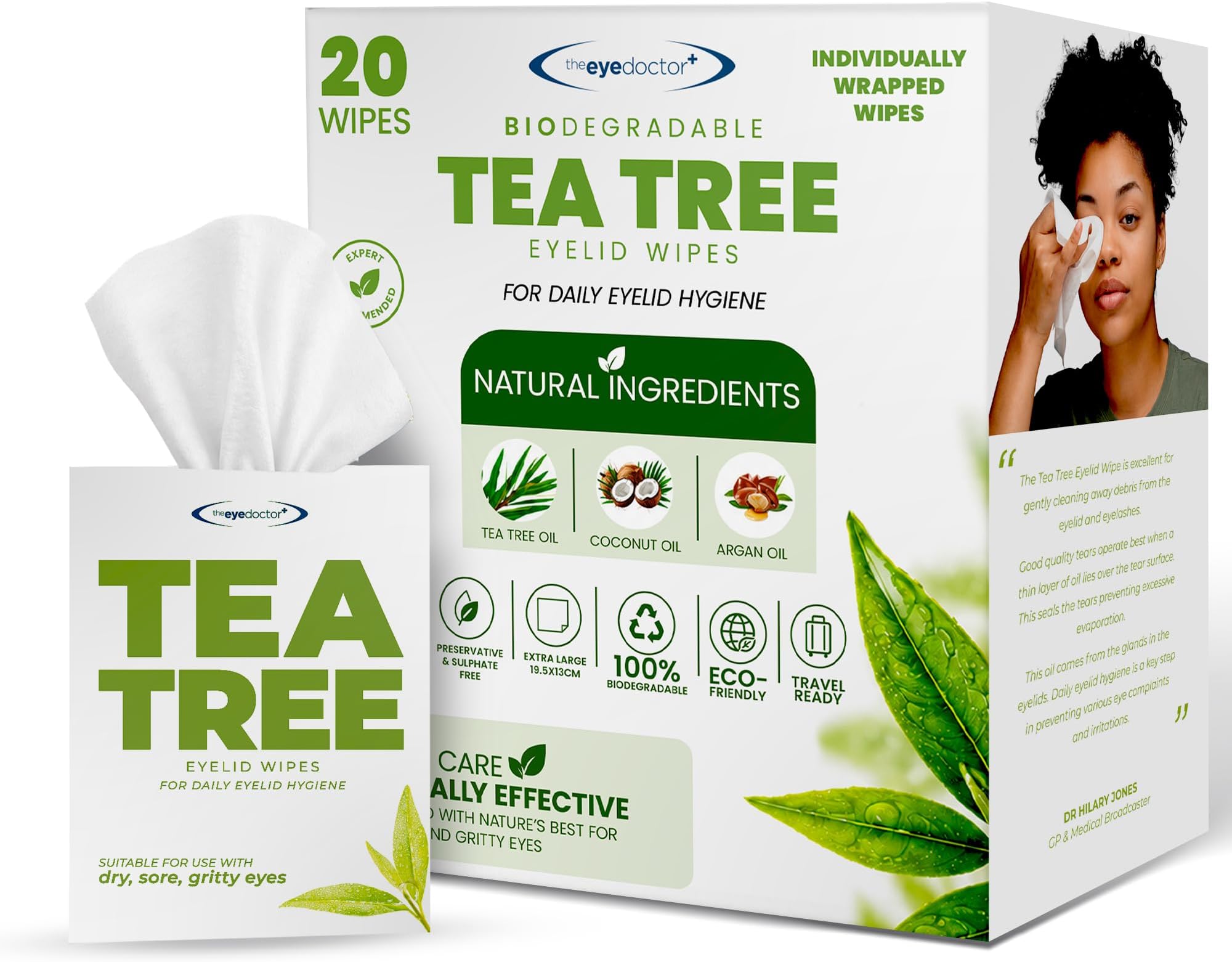 The Eye Doctor Tea Tree Eyelid Wipes - 20x Single Use Tea Tree Eye Wipes – Suitable for Sensitive Eyes, Dry Eyes, Blepharitis, MGD & Demodex – Environmentally Friendly, Biodegradable
