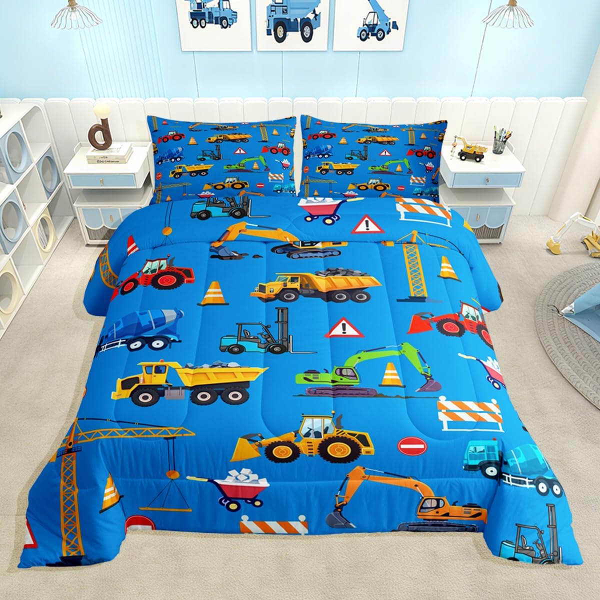 Feelyou Construction Comforter Set Boys Twin Size Blue Excavator Bedding Set with 1 Pillow Cases Kids Trucks Comforter Microfiber Construction Car Bedroom Decor Duvet Quilt Breathable Soft