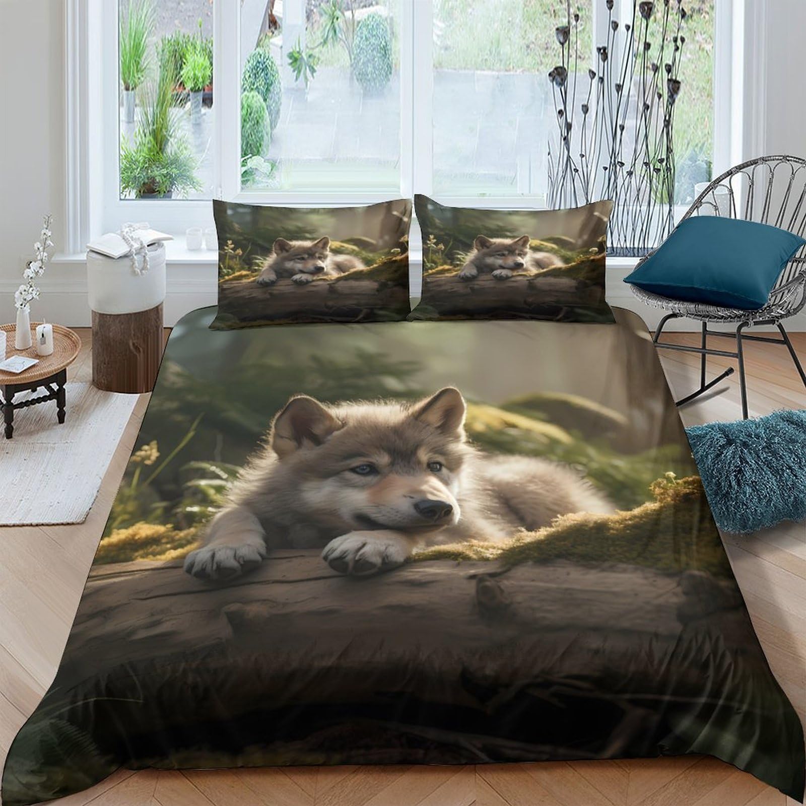 TUFRTGYHN 3D Printed Wolf Forest Duvet Cover Microfiber Bedding Set with 2 Pillowcases, Nature Woodland Quilt Cover for Bedroom Home Single（135x200cm）