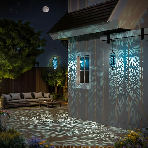 Miniatura 5 de Twinkya Paquete de 2 luces solares colgantes para jardín al aire libre, farol solar decorativo, impermeable, metal, marroquí, decoración al aire