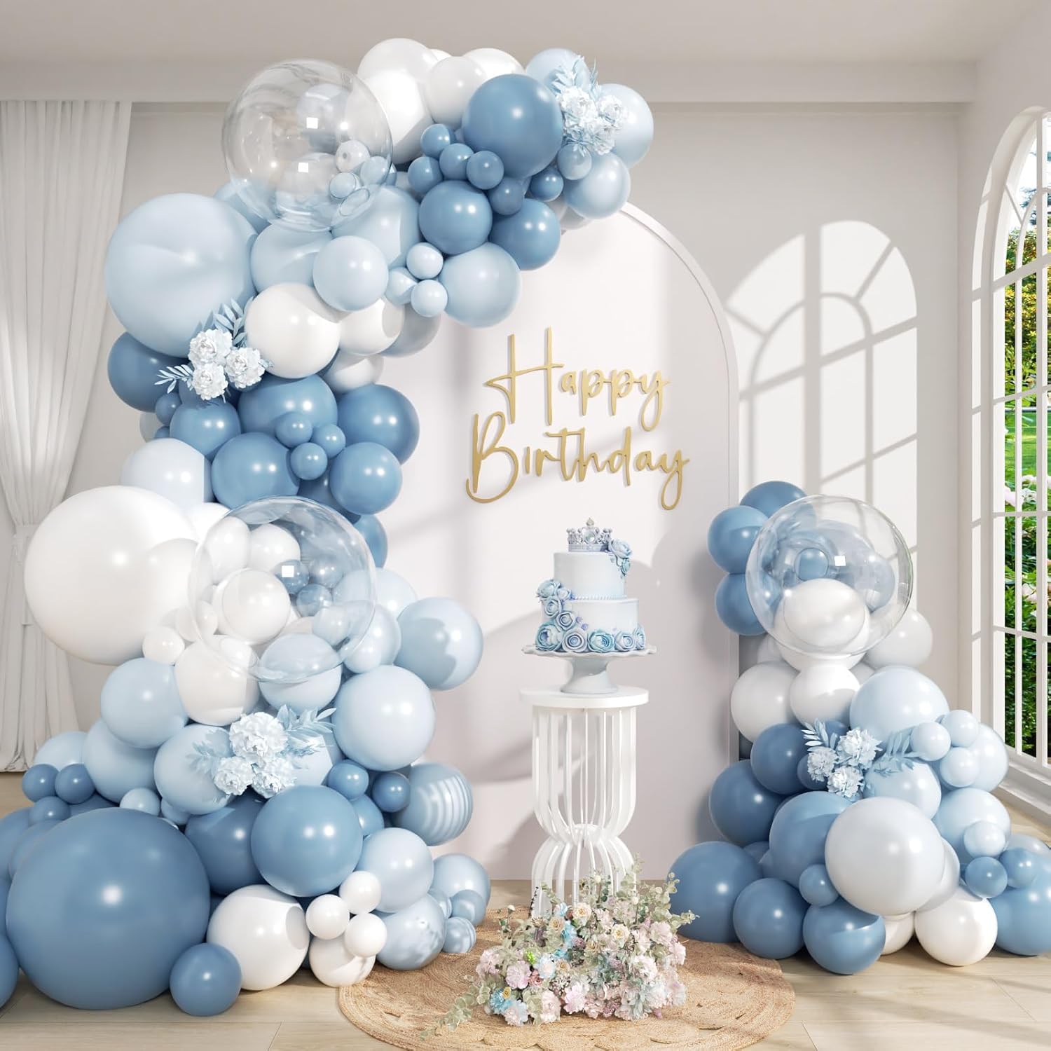 Dusty Blue Balloon Arch Kit with Clear Pastel Blue and White Balloons