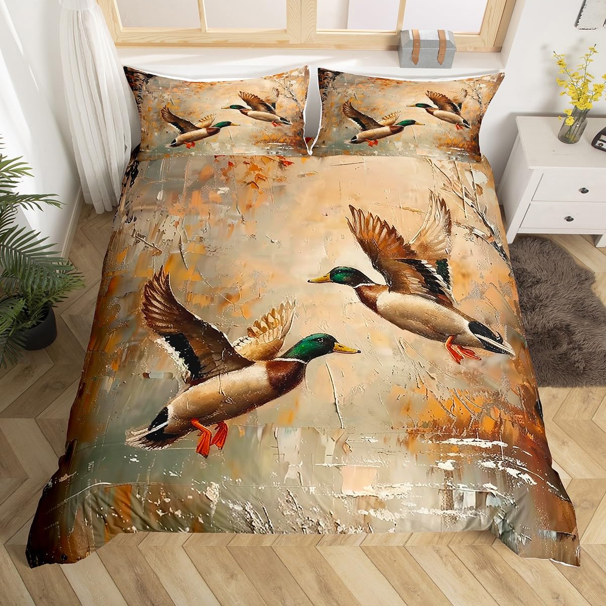 jejeloiu Kids Mallard Duck Bedding Set Toddler Size, Duck Hunting Comforter Cover Boys Girls Wild Animal Duvet Cover Western Farmhouse Teens Bedspread Cover Bedclothes Zipper (No Comforter)