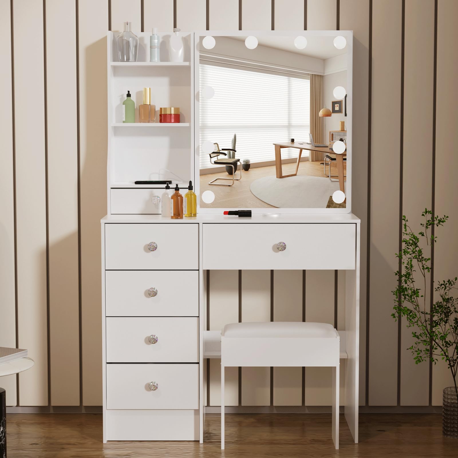 White Vanity Desk with Led Mirror, Lighting Modes Adjustable Brightness, Cute Vanity Table Set with Stool, 5 Drawer and Sliding Mirror, 80x36x130 cm Bedroom Dressing Table