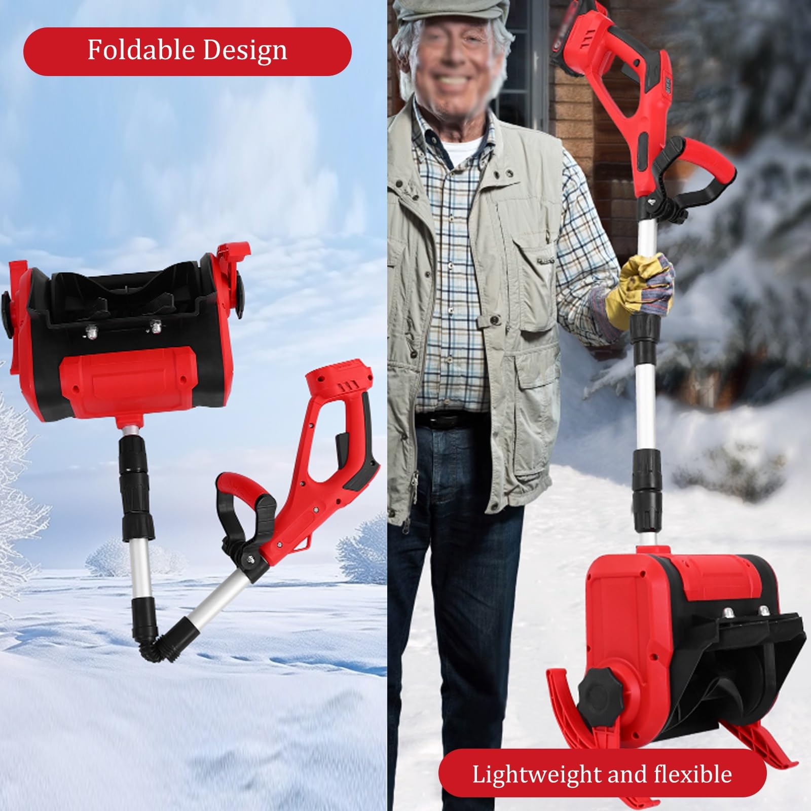 Spazzaneve elettrico senza fili, pala da neve pieghevole portatile con larghezza di 30 cm, distanza di lancio di 6 m, lunghezza regolabile, ricaricabile per una facile rimozione della neve
