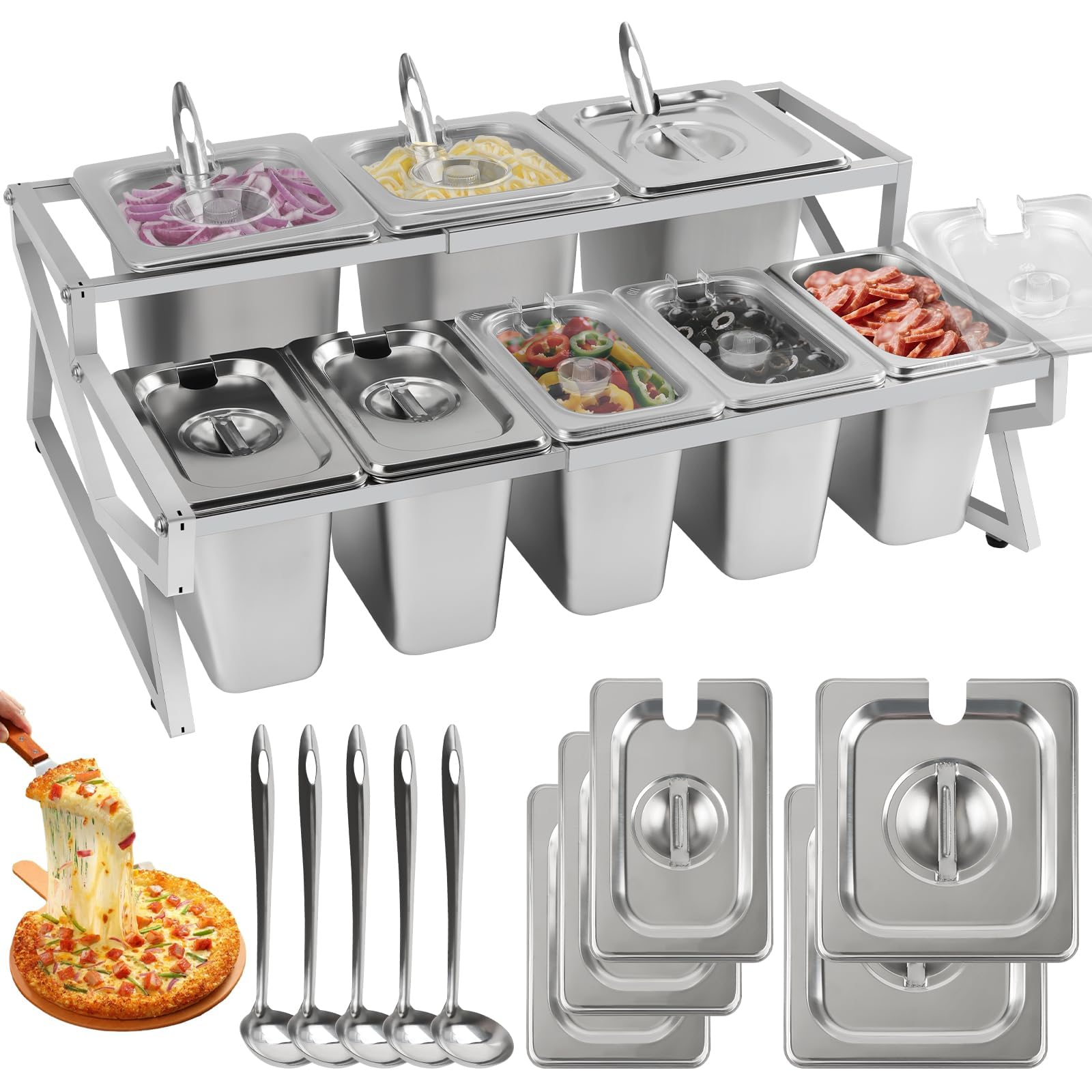 Pizza-Garnierstation, 8 Pfannen, Pizza-Aufbewahrungsbehälter mit Deckel, Löffel, Gewürz-Organizer, Buffet-Behälter-Set für Restaurant, Pizza, Soße, Marmelade, Obstzutaten