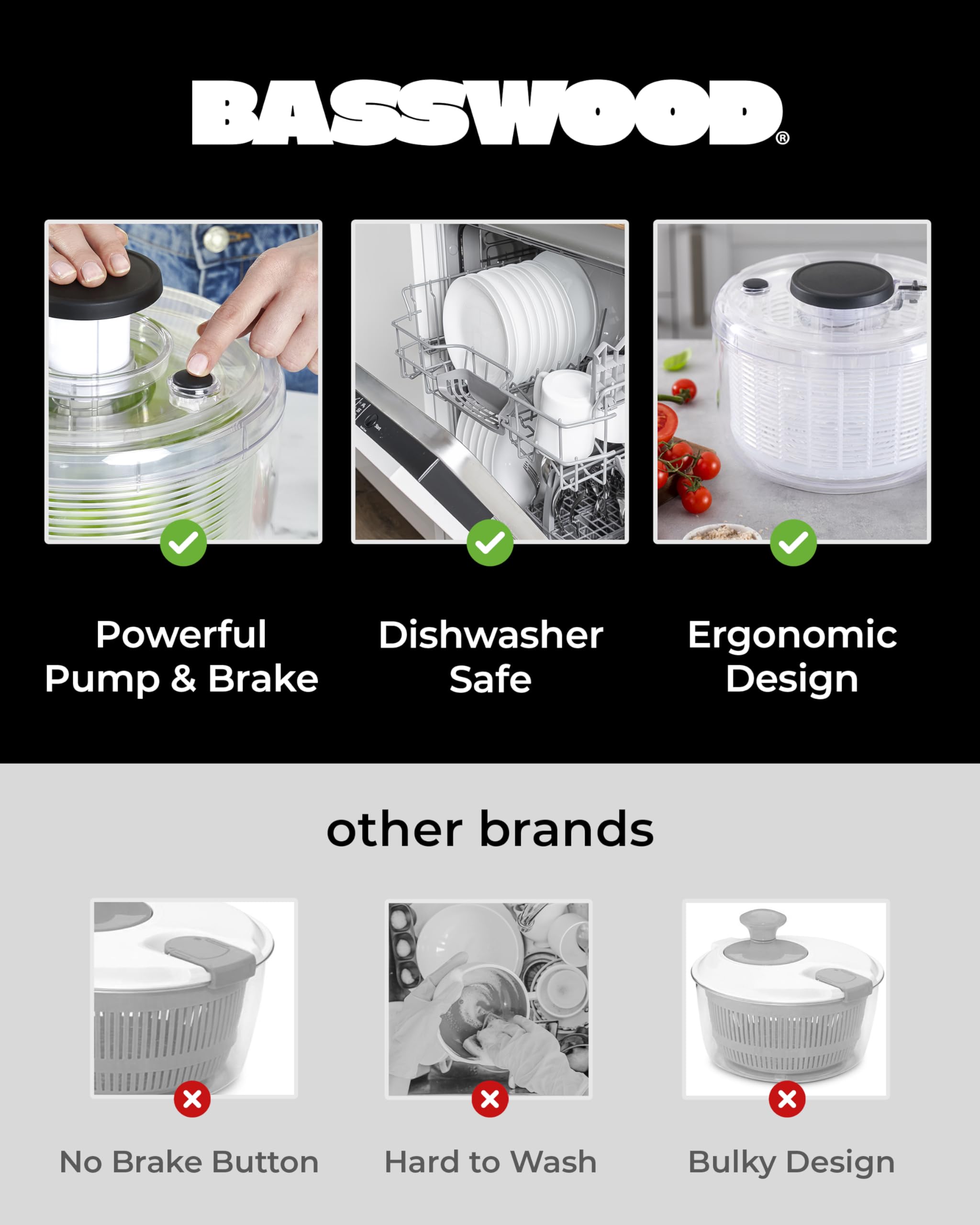 BASSWOOD Pump Salad Spinner 4.7 Qt - 3-in-1 Lettuce Dryer, Vegetable Washer & Pasta Spinner With Bowl