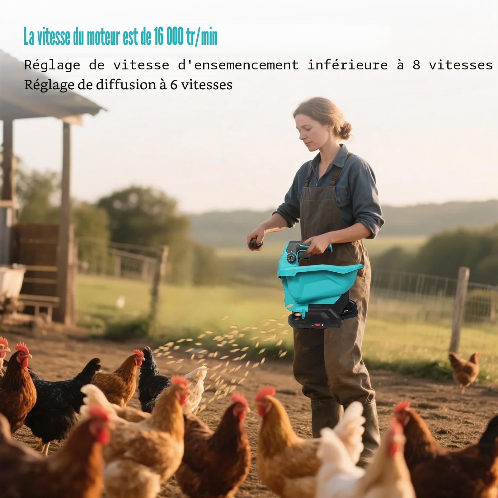 JOPWUE Épandeur Portable sans Fil,pour Batterie Ma-Kita~ 18 V,avec Réglage de Vitesse Rotation à 6 Niveaux,Régulateur 8 Positions, 3.3L,pour Fertiliser, Semer, Saupoudrer de Sel,sans Batterie (Bleu)