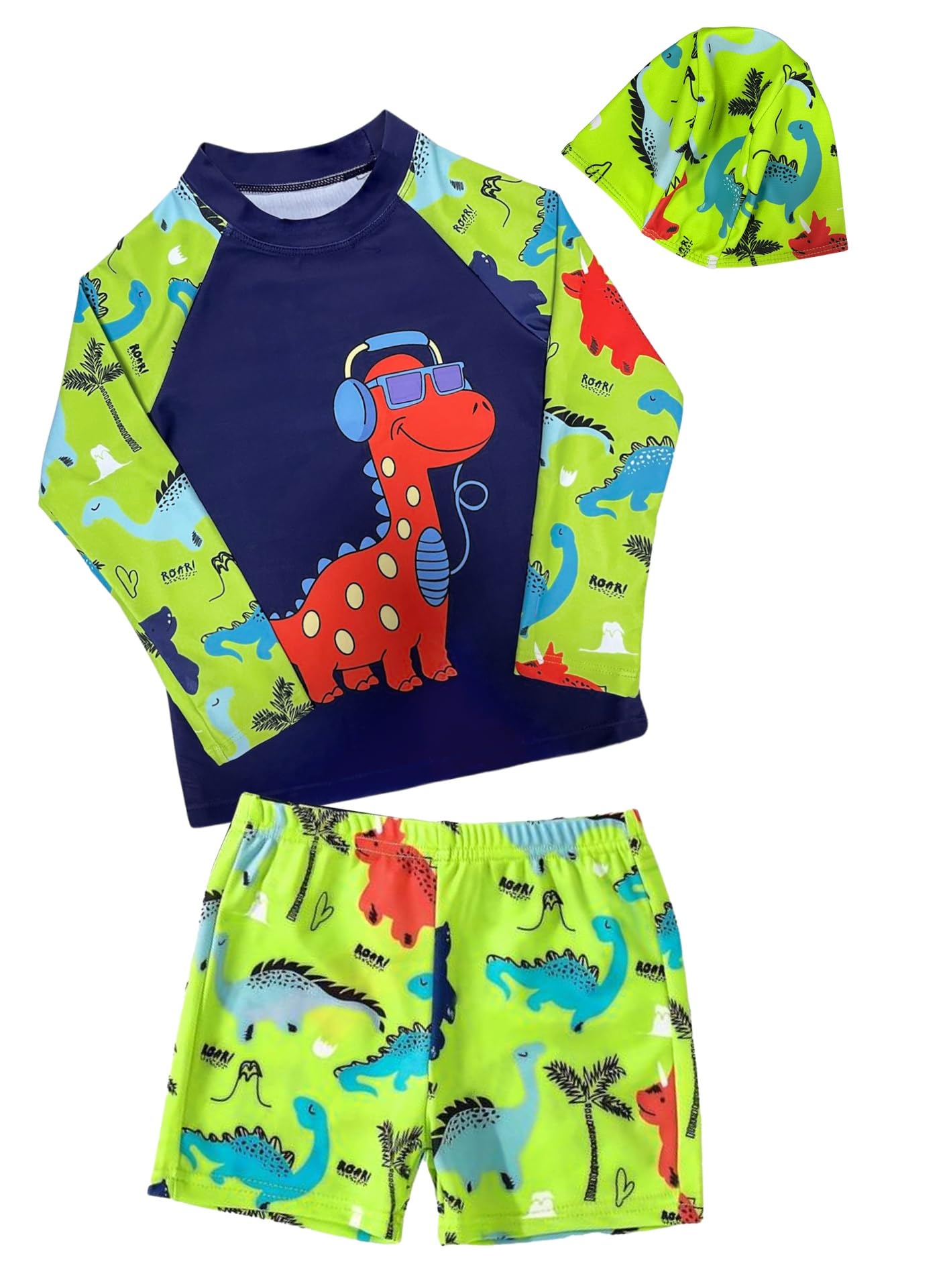 Toddler Boys Dinosaur Rashguard Swimsuit - Kids Long Sleeve Shirt Trunks Swimwear Bathing Suit with Hat 3Pcs Sets