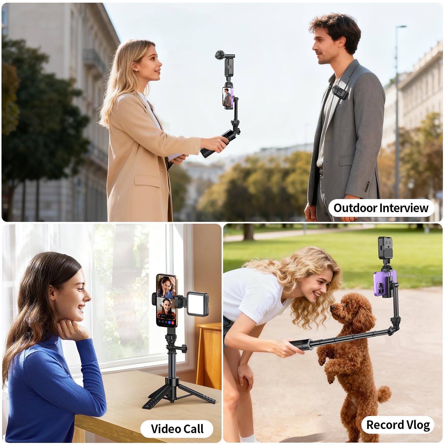 yAyusi Vlogging Kit pour iPhone/Android, Kit Youtuber Comprend Trépied 3 en 1, Lumière LED, Microphone et Housse de Rangement, Idéal pour Interviews de Rue et Enregistrement de Vlog