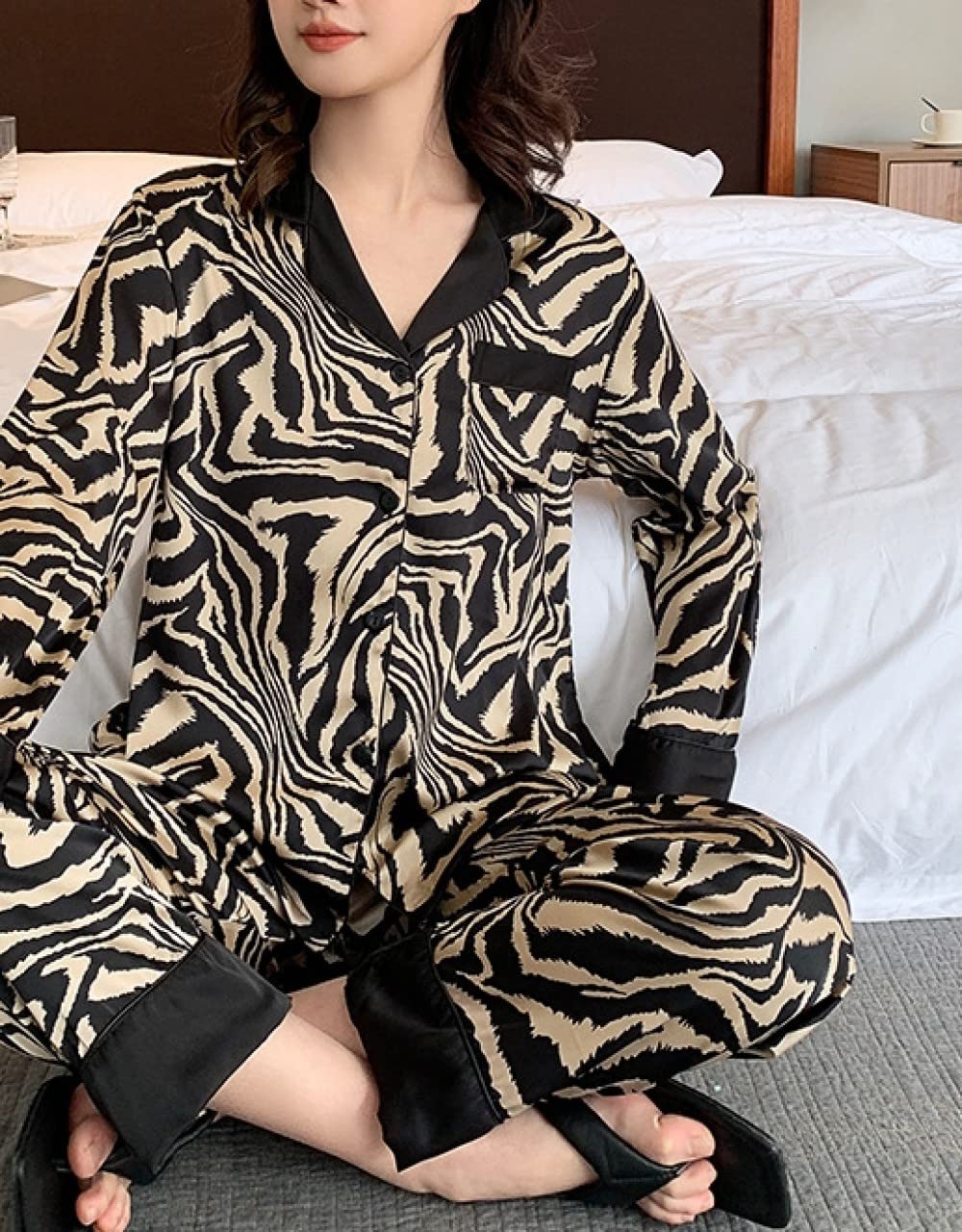 Ensembles De Pyjama Femme,Ensemble De Vêtements De Nuit À Manches Longues Imprimé Zèbre À Revers Noir Femmes Pyjama Deux Pièces Soft Classic Casual Loungewear Festival Cadeau pour Soeurs Femme