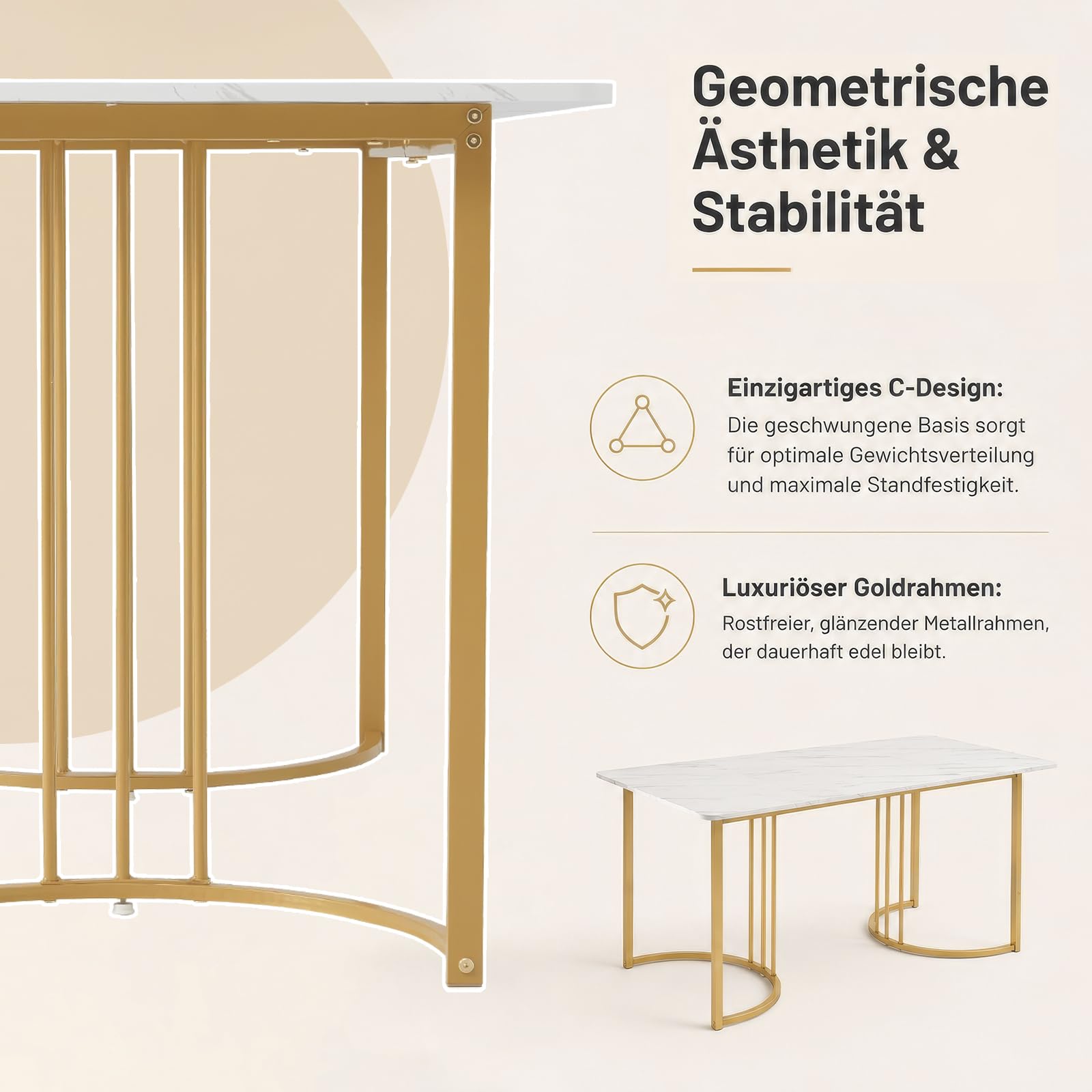 Esstisch 140 x 80 cm Weiß Gold, moderner Küchentisch mit Marmor-Optik, rechteckiger Esszimmertisch aus MDF mit Metallgestell, verstellbare Füße, für Esszimmer, Küche, Wohnzimmer