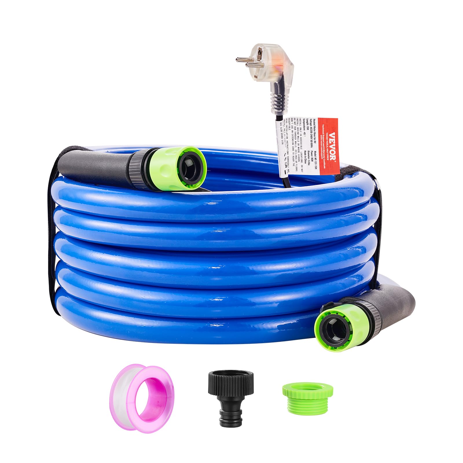 VEVOR Tuyau d'Eau Chauffant 4,6 m pour Camping-car, Tuyau d'Eau Potable Antigel jusqu'à -42,7 ℃, Autorégulation Automatique, Diamètre Intérieur de 16 mm avec Raccords Rapides, sans Plomb et sans BPA