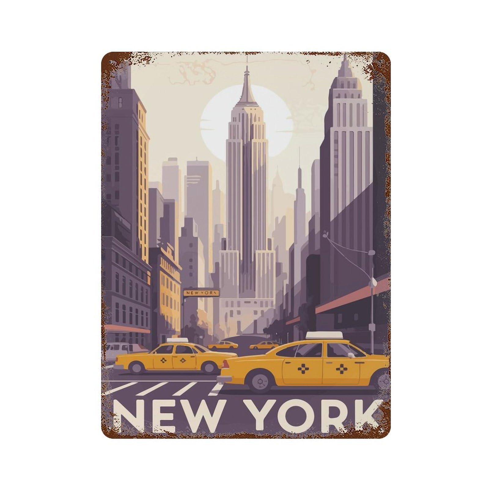 New York Cityscape with Yellow Taxis 15.7"x11.8" Rusty Metal Tin Sign, Shabby Chic Decor for Bistro, Counter And Cafe Decor