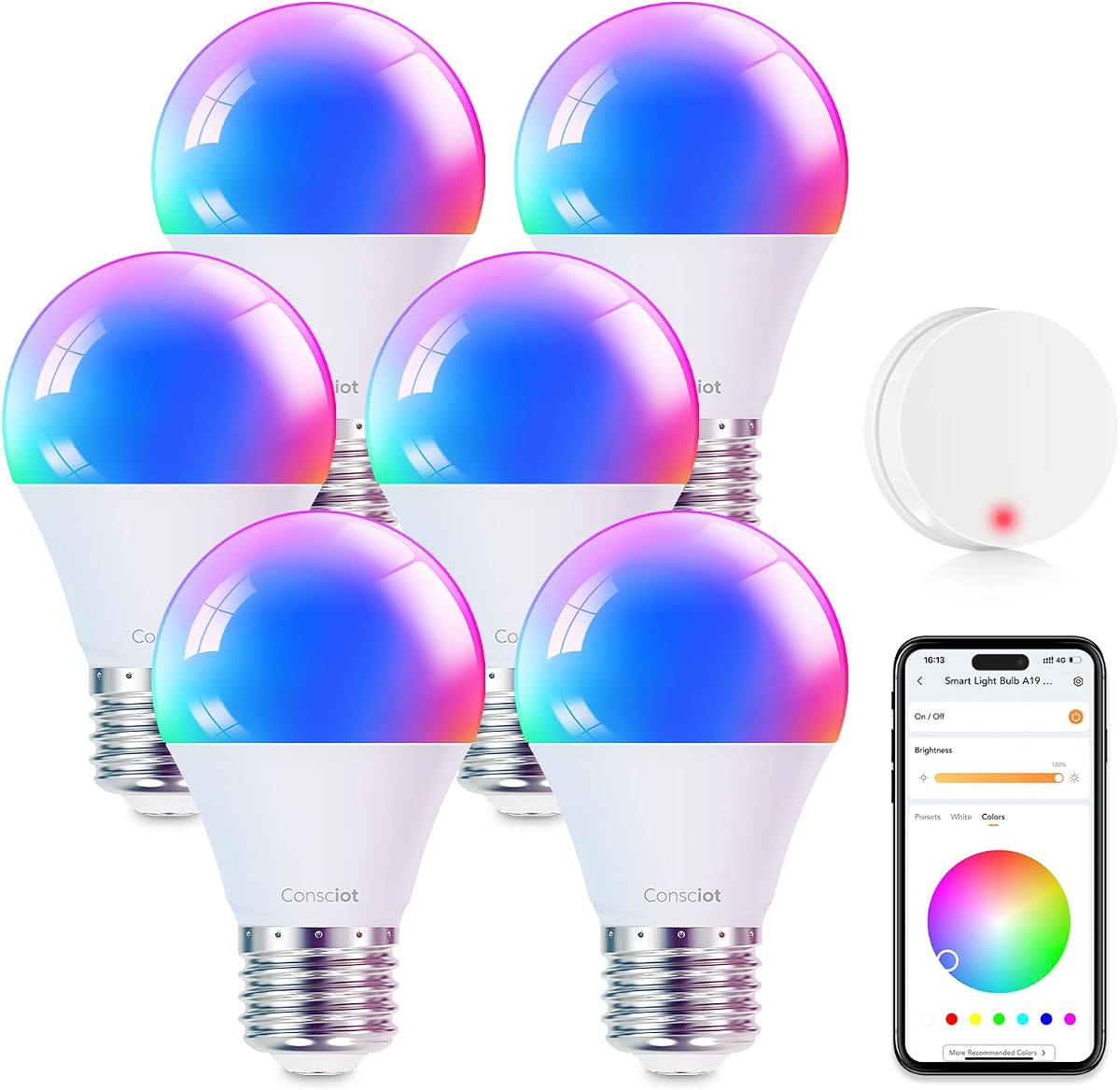 Consciot Bombillas inteligentes con control remoto, bombilla LED que funciona con Alexa y Google Home, bombilla que cambia de color, bombillas WiFi A19 E26 de 2,4 Ghz equivalente a 60 vatios, 800 lm regulable, paquete de 6