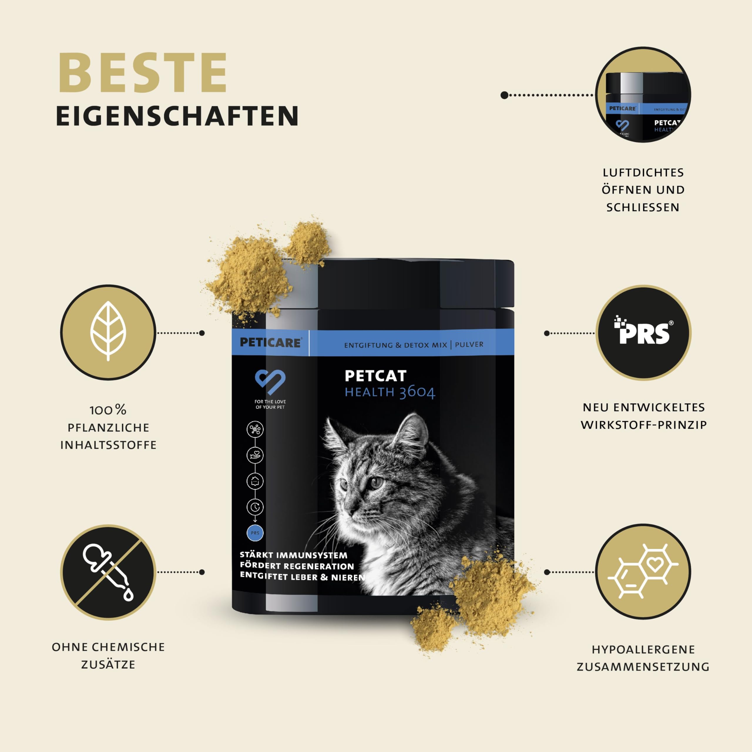 Peticare PetCat Health 3604 proszek detoksykacyjny dla kotów, oczyszczająca formuła wspomaga wątrobę i nerki, wspomaga trawienie i układ odpornościowy, z ostropestem plamistym, MSM | naturalna karma