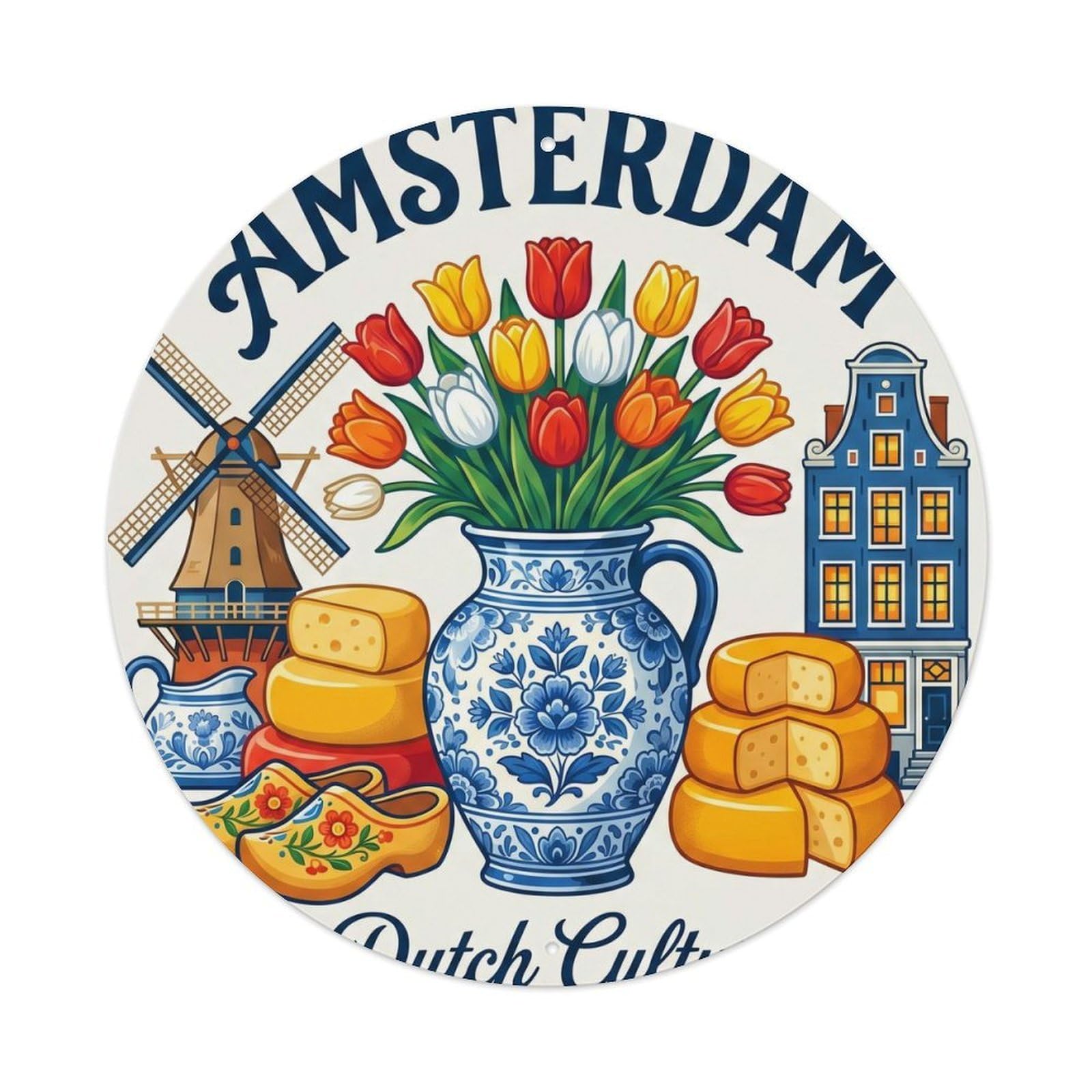 Vintage Travel Amsterdam Dutch Culture Metal Tin Sign Plaque Wall Decor for Cafe, Club, Garden Round Metal Poster 8x8Inch
