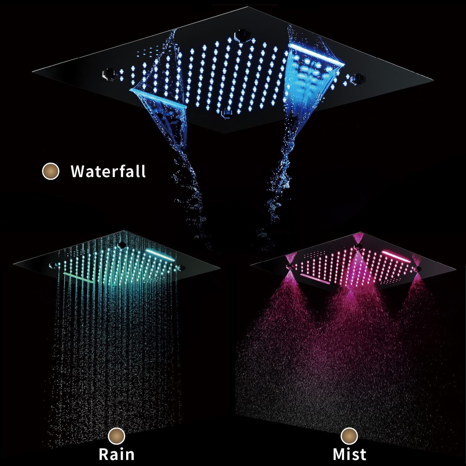 Cabezal de Ducha Cuadrado LED, 500mm 3 Funciones Música Alcachofa de Ducha Acero Inoxidable Empotrable Rociador Ducha 64 Colores Cabezal de Ducha Lluvia, Alcachofas Fijas para Ducha,Negro
