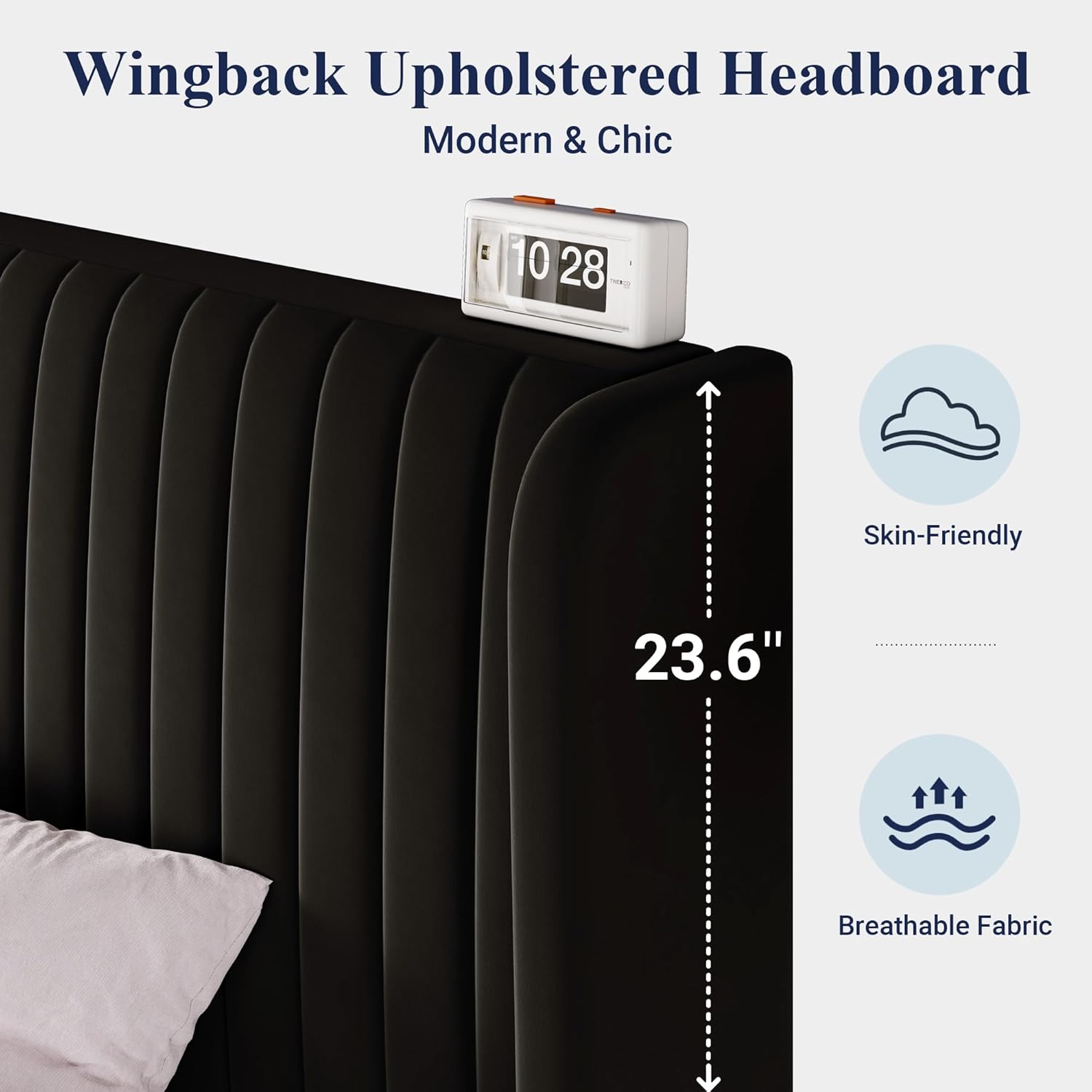 Allewie King Size Velvet Bed Frame/Vertical Channel Tufted Wingback Headboard/Upholstered Platform Bed/Strong Wooden Slats/No Box Spring Needed/Easy Assembly/Black - Image 5