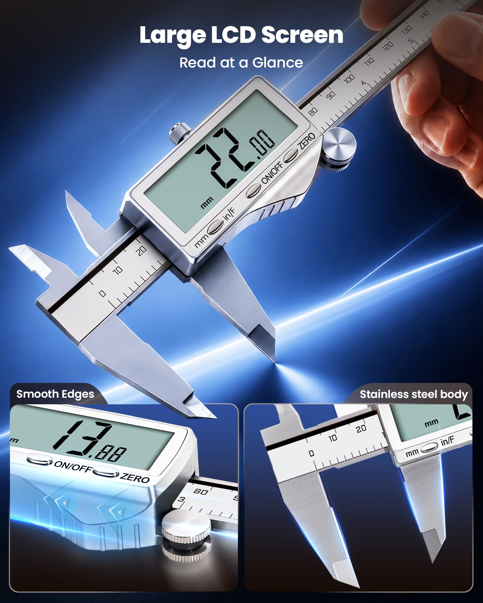 Calibrador digital de 150 mm (6"), micrómetro recargable de acero inoxidable, pantalla LCD grande. Unidades: pulgadas/mm/fracción, apagado automático. Herramienta de medición electrónica para traba