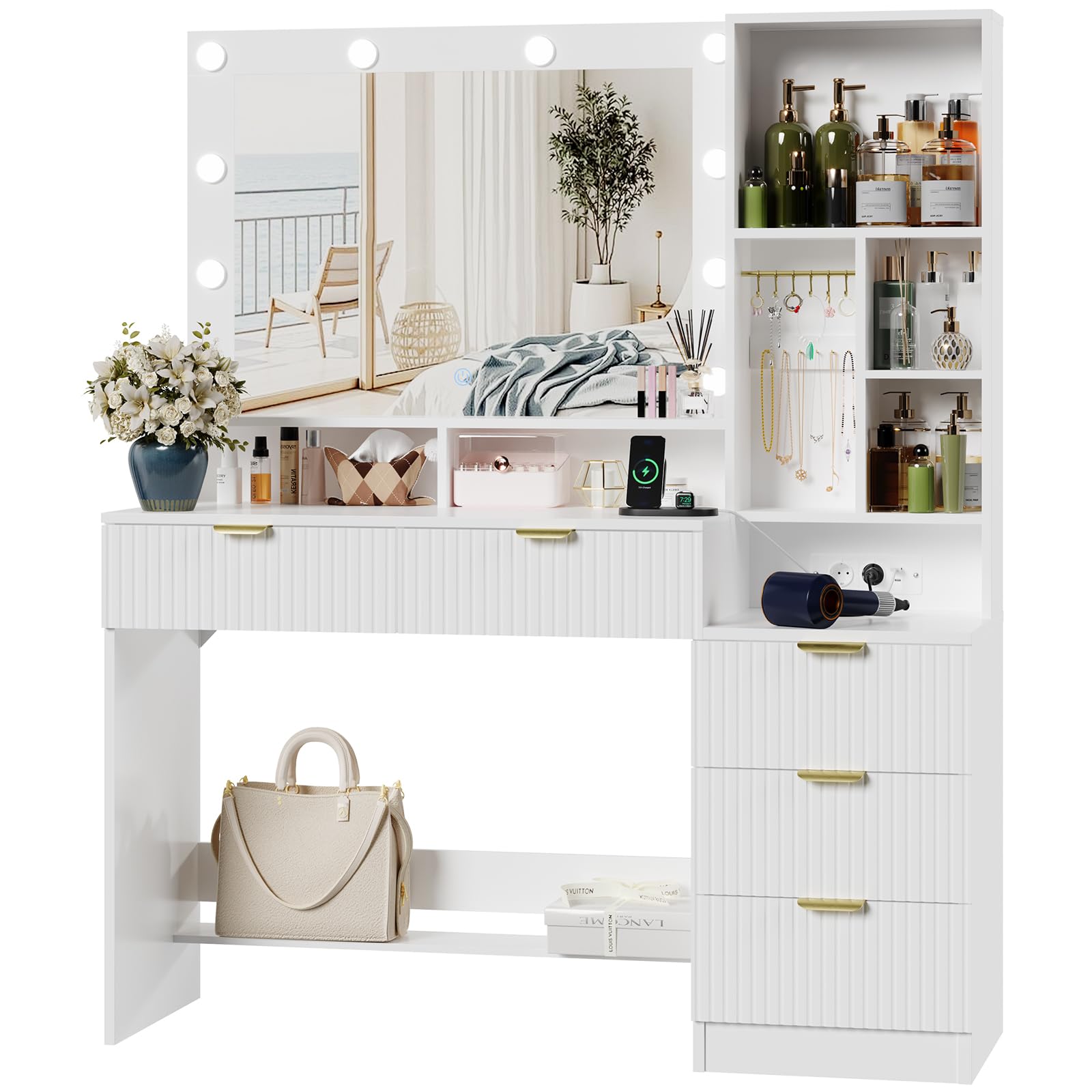 JUMMICO Toeletta Trucco con Specchio e Luci,Tavolo da Toilette con Cassetti, Postazione Trucco con Ripiani Aperti, Ganci per Gioielli e Presa Elettrica per Camera da Letto,Moderno (Bianco) (bianco)