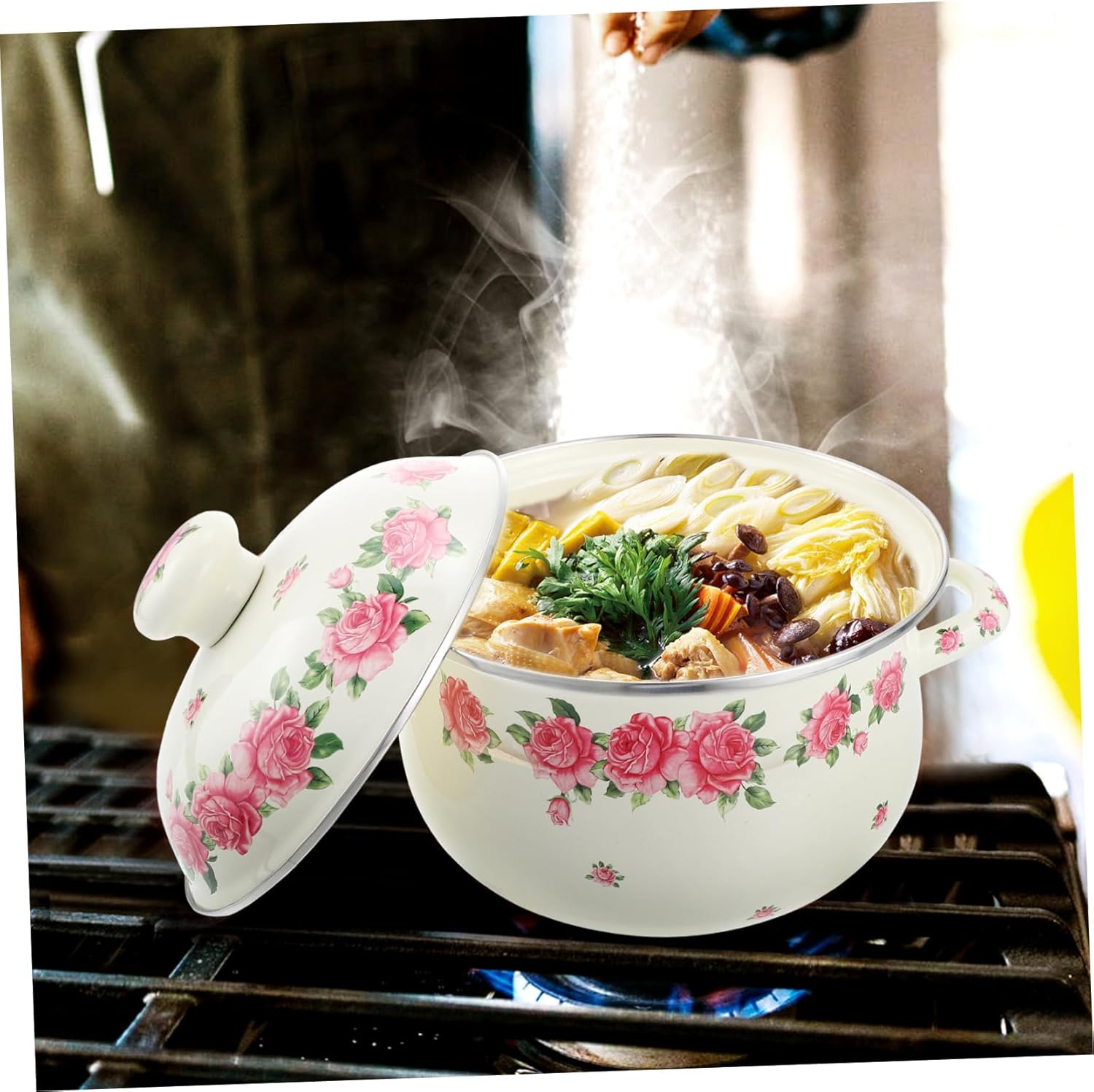 Luxshiny 20cm Pink Rose Enamel Double Handle Soup Pot Nonstick Stockpot Lid Decorative Cooking Pot for Kitchen Supplies