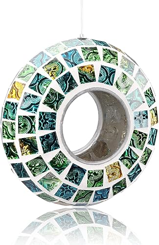 Yinns Comedero para pájaros  Comedero colgante de mosaico de vidrio para exteriores, contenedor circular de semillas de aves silvestres, 7 pulgadas,