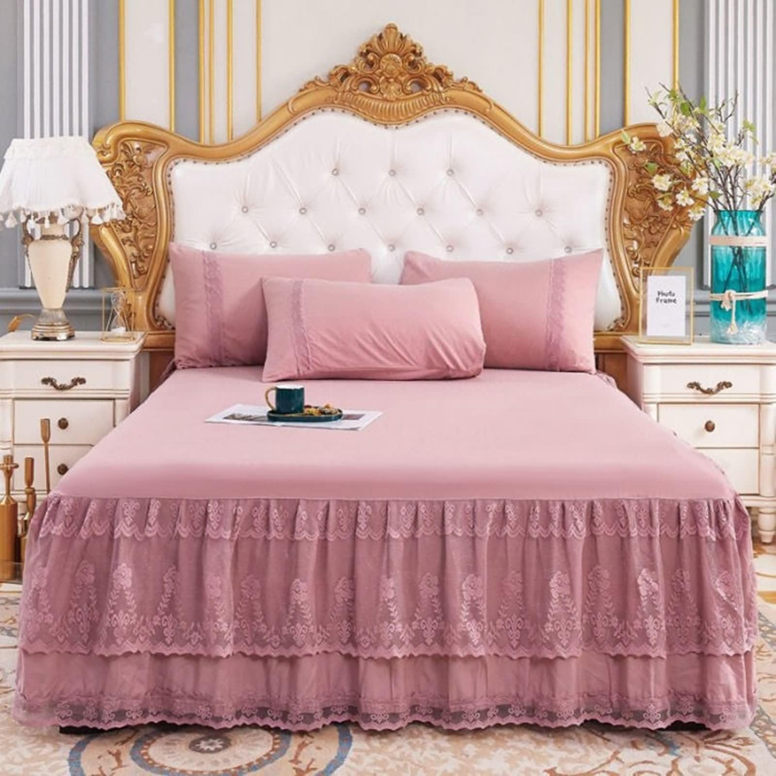 Jupe de lit en polyester avec dentelle élégante et drap housse violet uni