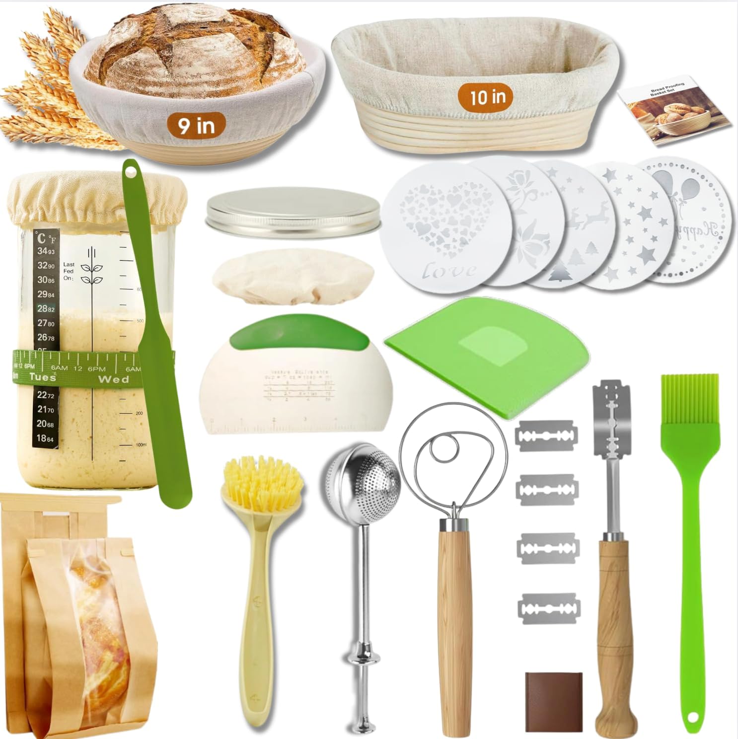 Sourdough starter kit with round and oval proofing baskets, bread sling, fermenter, dough mixer, scraper, mold, complete tool set and bag for complete sourdough bread baking supplies