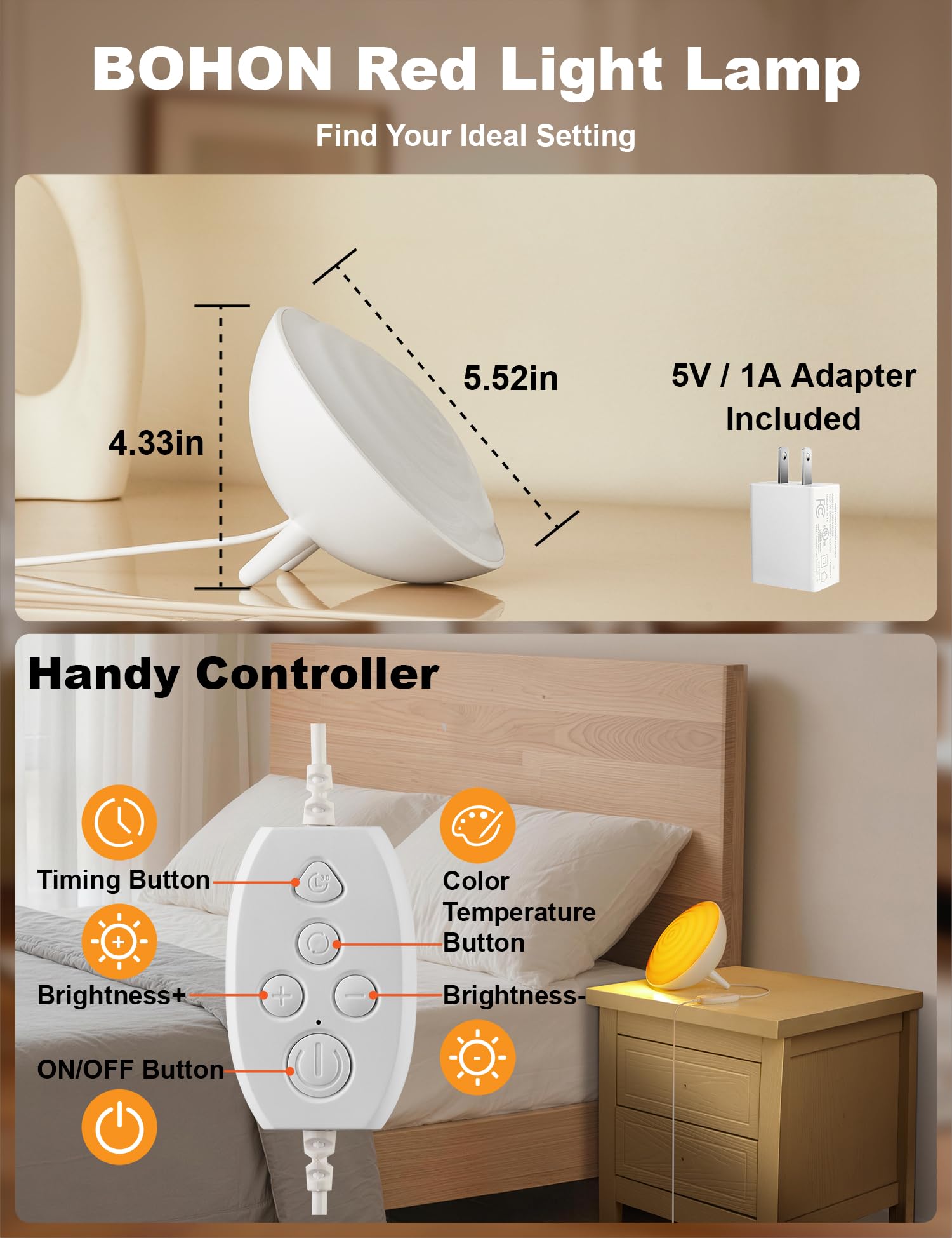 BOHON Veilleuse à lumière rouge avec minuteur, 3 modes de couleur, 10 modes de luminosité, intensité variable, lumière rouge, 660 nm, veilleuse rouge pour chambre à coucher, chambre d'enfant, maison