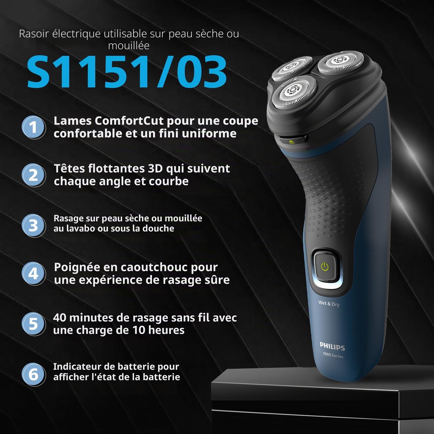 Philips Rasoir électrique pour homme, rasage sec et humide, têtes flottantes 3D, 27 lames auto-affûtées, sans fil, étanche S1151/03 (nouveau modèle)