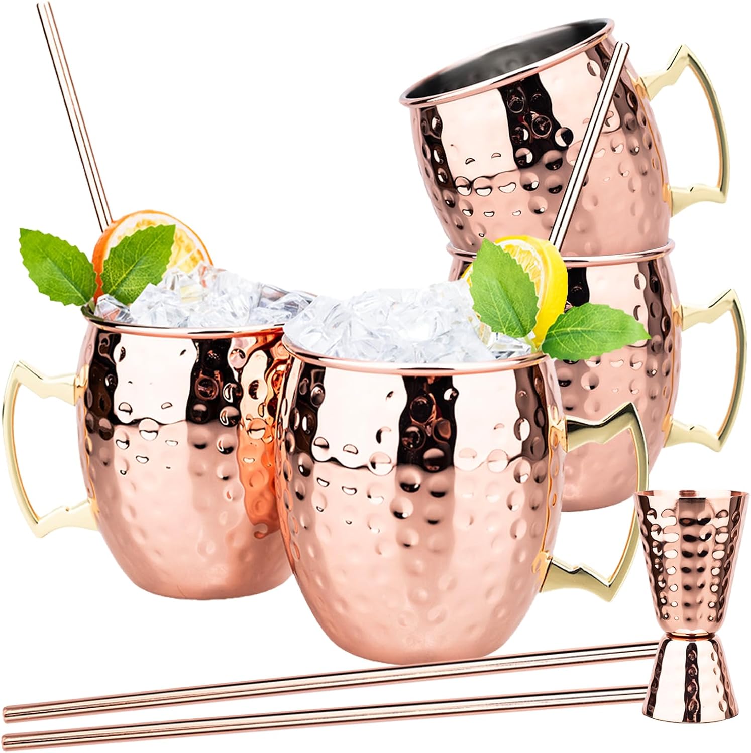 MeowvCraft Moscow Mule Mugs Set of 4, 17 oz Hammered Copper Plated Stainless Steel Cups with Handles Jigger Metal Straws, Cups Gift Set for Bar Party Cocktails, Beer, Iced Drinks