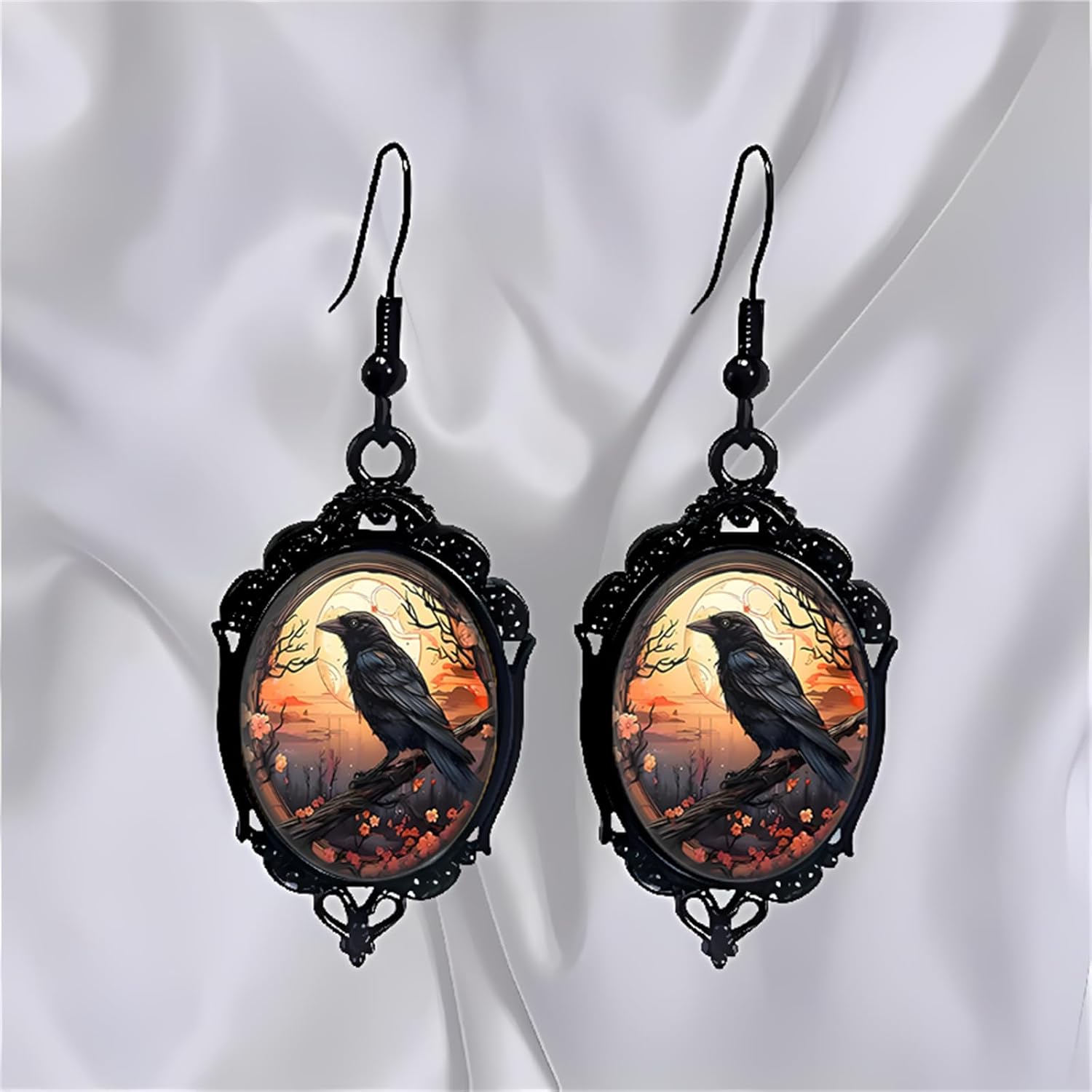Gothic Halloween Cameo Earrings,Vintage Crystal Glass Witch/Raven/Bat/Tree Dangle Earrings Punk Style Dark Earring Goth Victorian Earring Halloween Jewelry for Women - Image 3