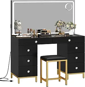 DWVO Vanity Desk with Lights and Stool, Power Outlet, 9 Drawers Makeup Table, Large LED Mirror with 3 Color Lighting Modes, for Bedroom and Dressing Room, Dark Black