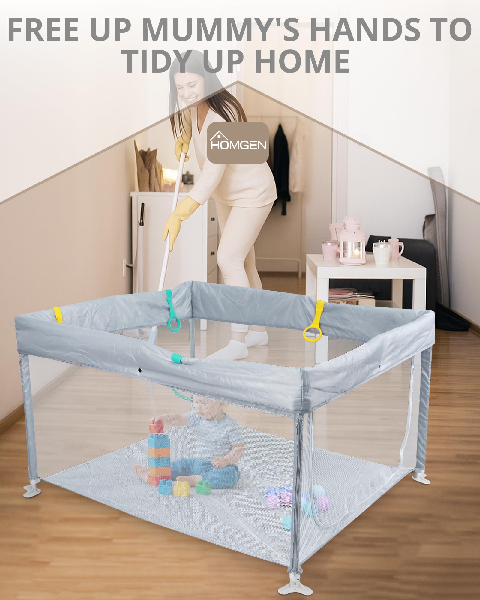 HOMGEN Parco Pieghevole per Bambini 120x120cm con Tessuto Oxford Lavabile Recinto per Neonati Pieghevole con Pallini e Maniglie, Box Bambini Montaggio Zero Porta con Zip Esterno - Grigio
