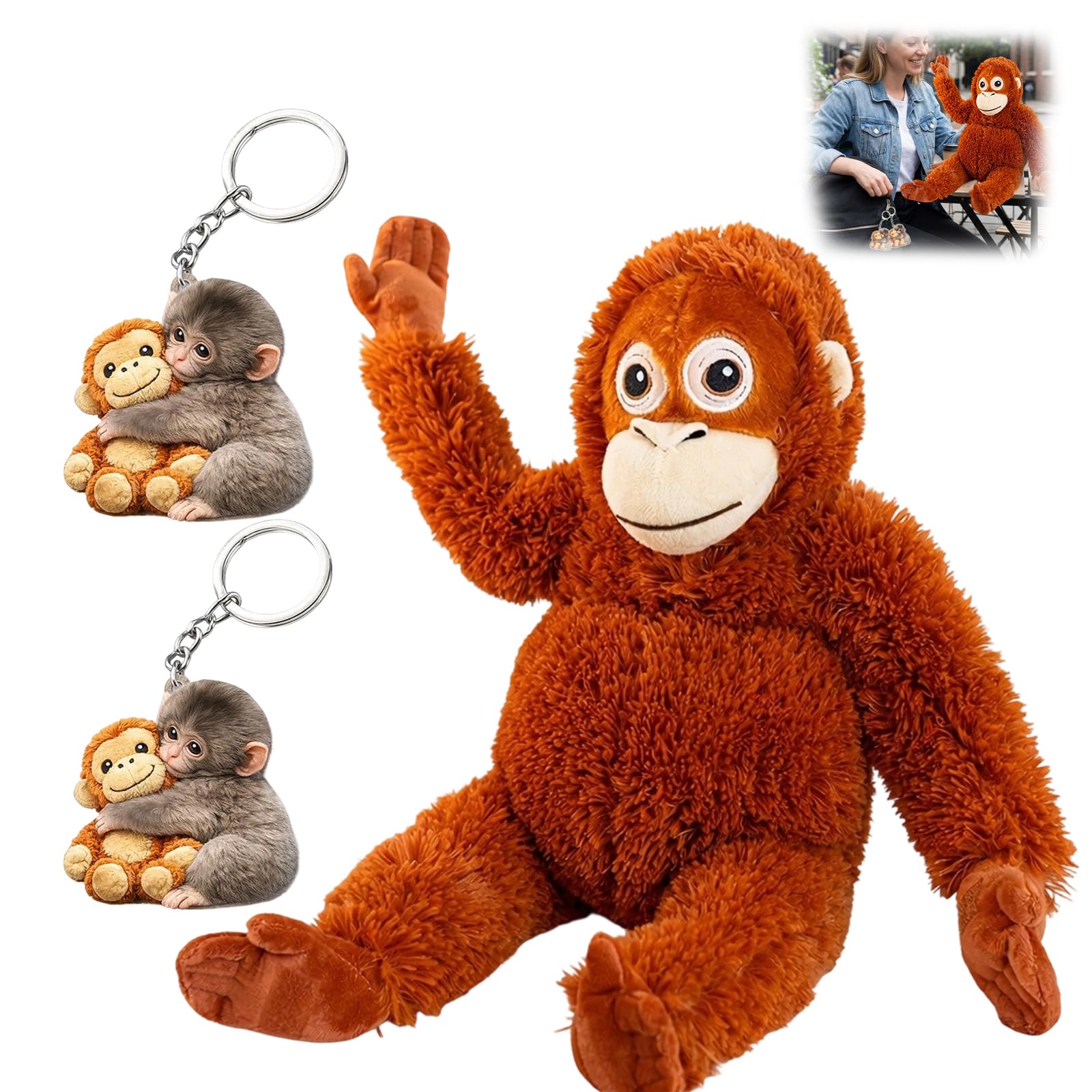 SGFNXB Monkey Plush, 3 Pcs Stuffed Animal, Plish with 2 Keychains, Creative Play and Collectible Display for Teens and Adults, Emotional Companion for aged 15 and above