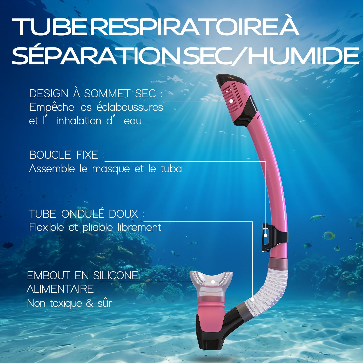Set de Snorkeling pour Adultes – Masque en Verre Trempé, Tuba Sec avec Valve de Purge, Anti-Buée, Étanchéité Confortable dès 12 Ans