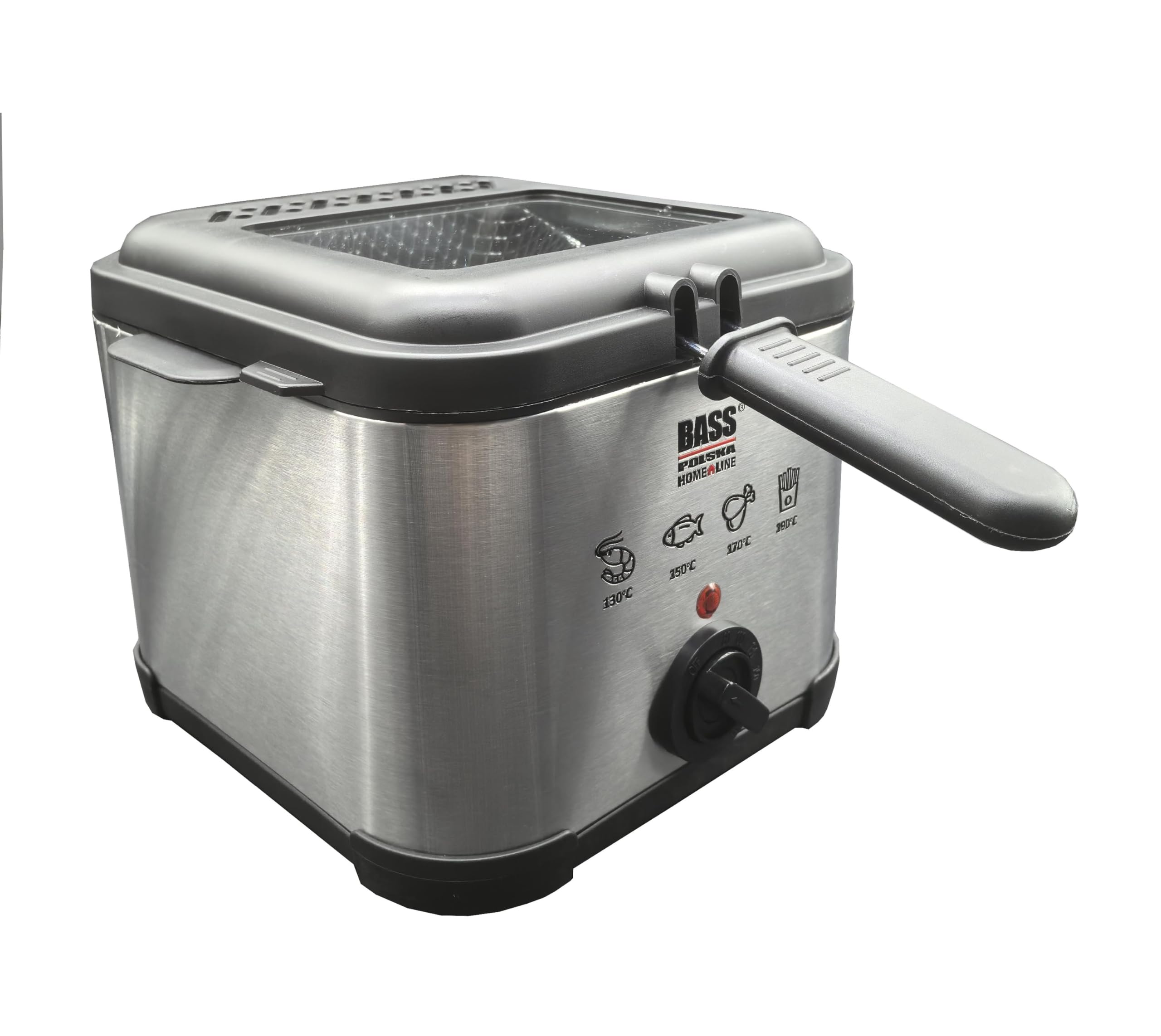 Bass Polska Freidora 3L, acero inoxidable, 2000 W, regulación de temperatura 60-190 °C, con ventana y cesta para freír