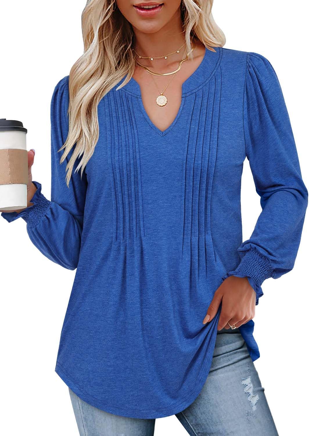 BETTE BOUTIK Long Sleeve Shirts for Women Fall Tops Dressy Blouses Pleated V Neck Tunic Tops for Leggings S-3XL - Image 2