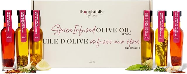 Thoughtfully Gourmet, Spice Ensemble cadeau pour l'huile d'olive infusée, huile d'olivier extra-vierge haut de gamme d'Espagne, saveurs incluant Chili, romarin, citron, ail épicé, herbes de Provence et toscan, ensemble de 6
