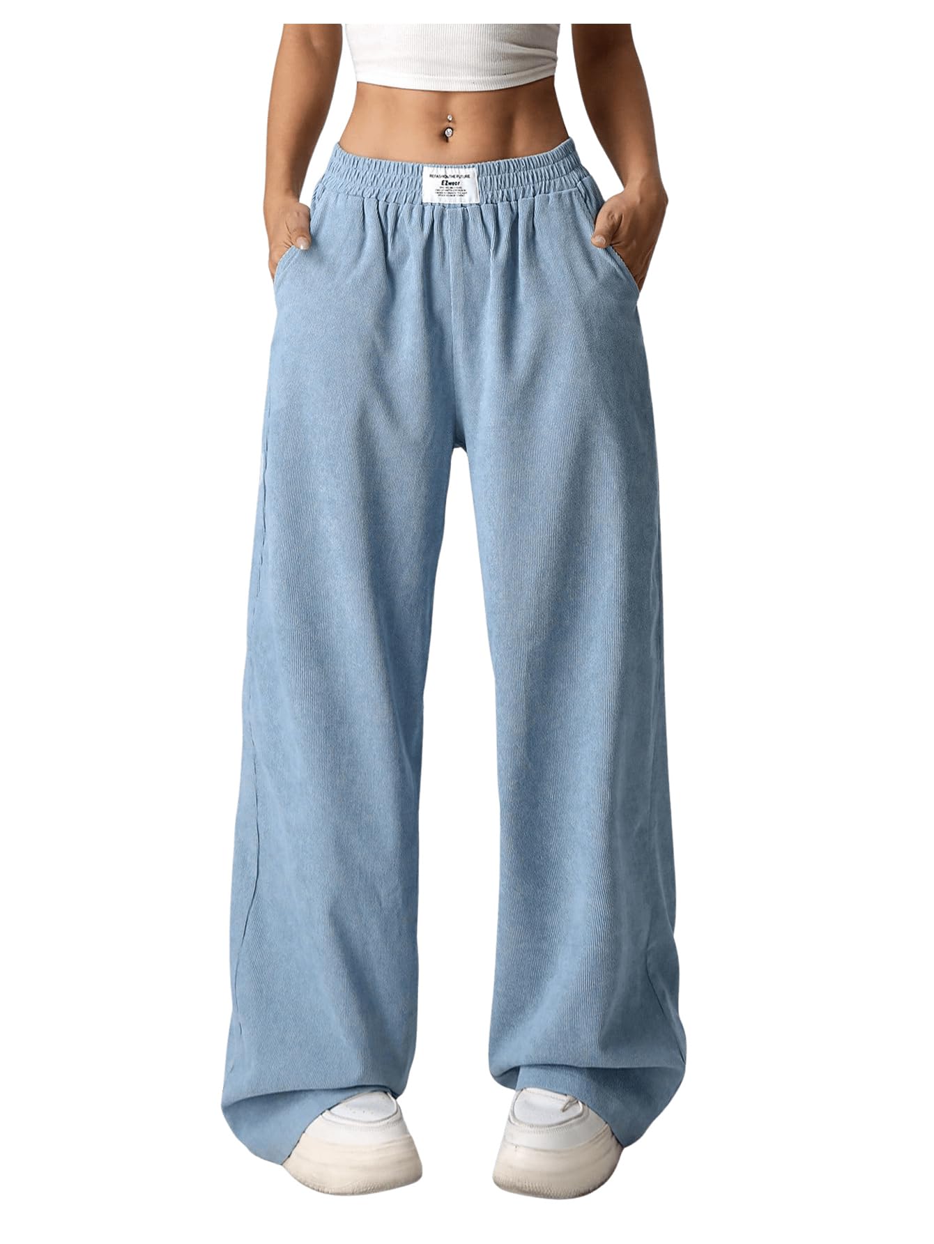SweatyRocks Womens Wide Leg Pants Elastic High Waisted Casual Trousers with Pockets