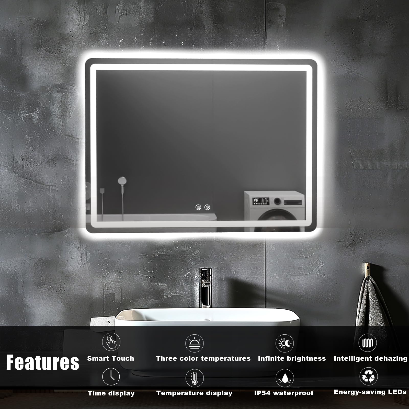 Miroir De Salle De Bain Avec Lumière LED - 60x45 Cm - 3 Couleurs (3000K/4000K/6000K) Et Intensité Variable - Interrupteur Tactile - Étanche