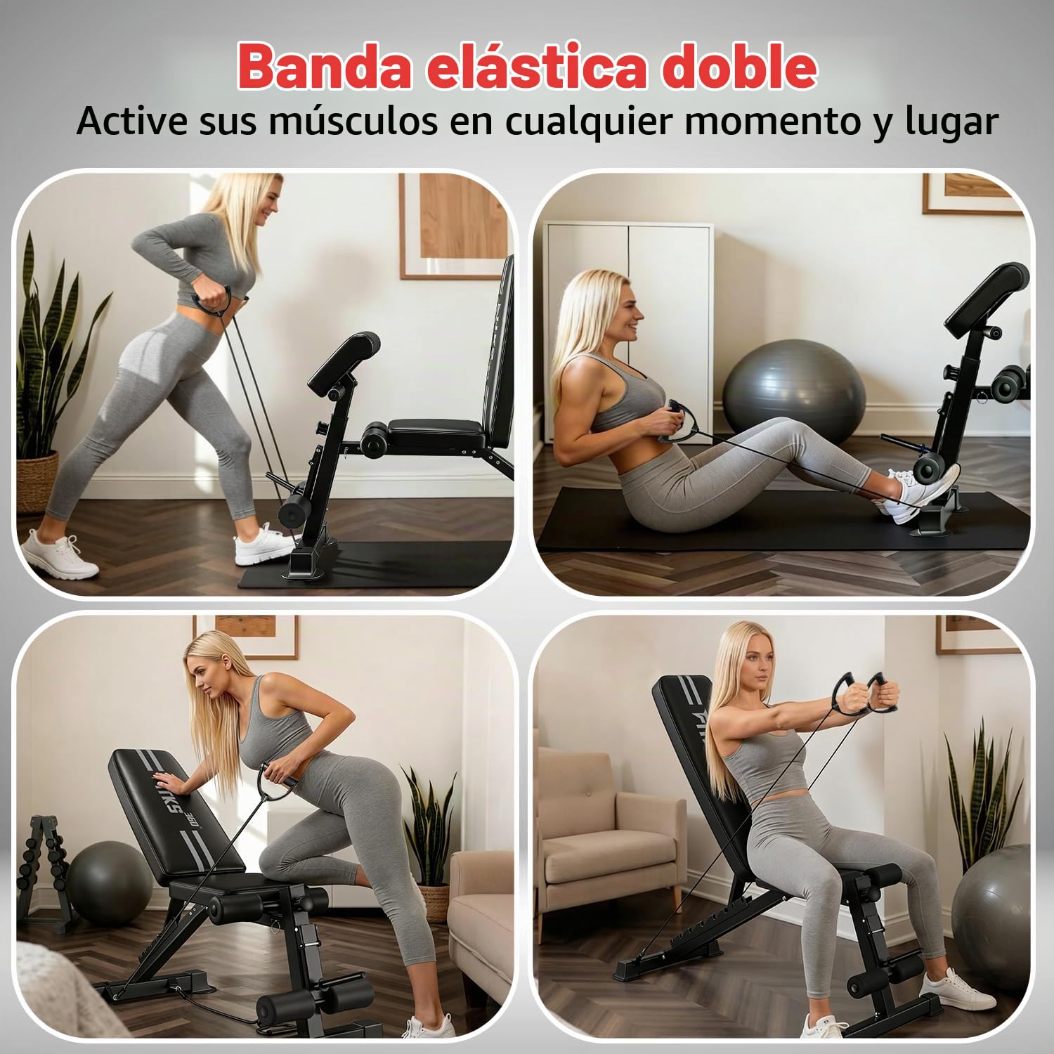 Banco Musculación Plegable Multifunción, Banco Pesas Ajustable en Casa, 13 en 1 Entrena Cuerpo Completo, Soporta 400KG, Bandas de Resistencia, Espalda/Pecho/Pierna, Gym en Casa
